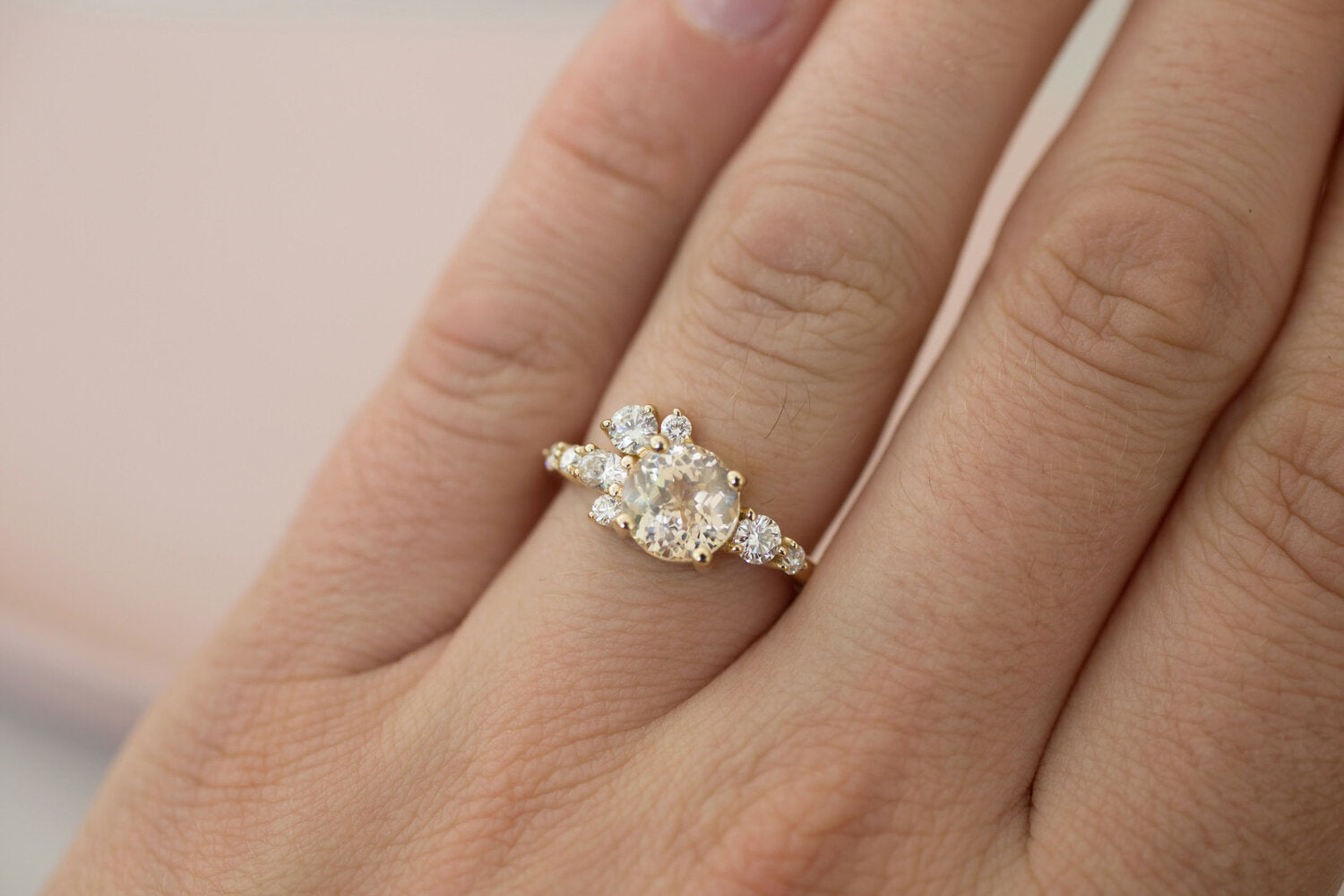 Ilia Ring | Apricot Round Sapphire + Diamond Cluster Engagement Ring | 14k Recycled Gold | One of a Kind