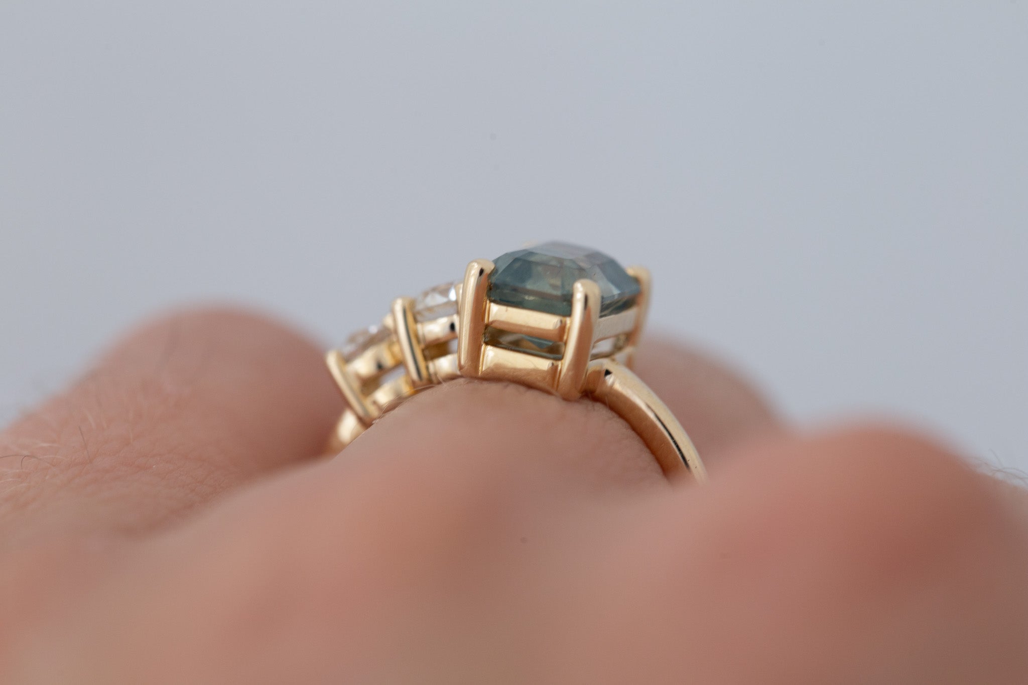 Fern Ring | Mint Montana Emerald Cut Sapphire + Antique Diamonds Engagement Ring 2.14 ct | 14k Recycled Gold | One of a Kind
