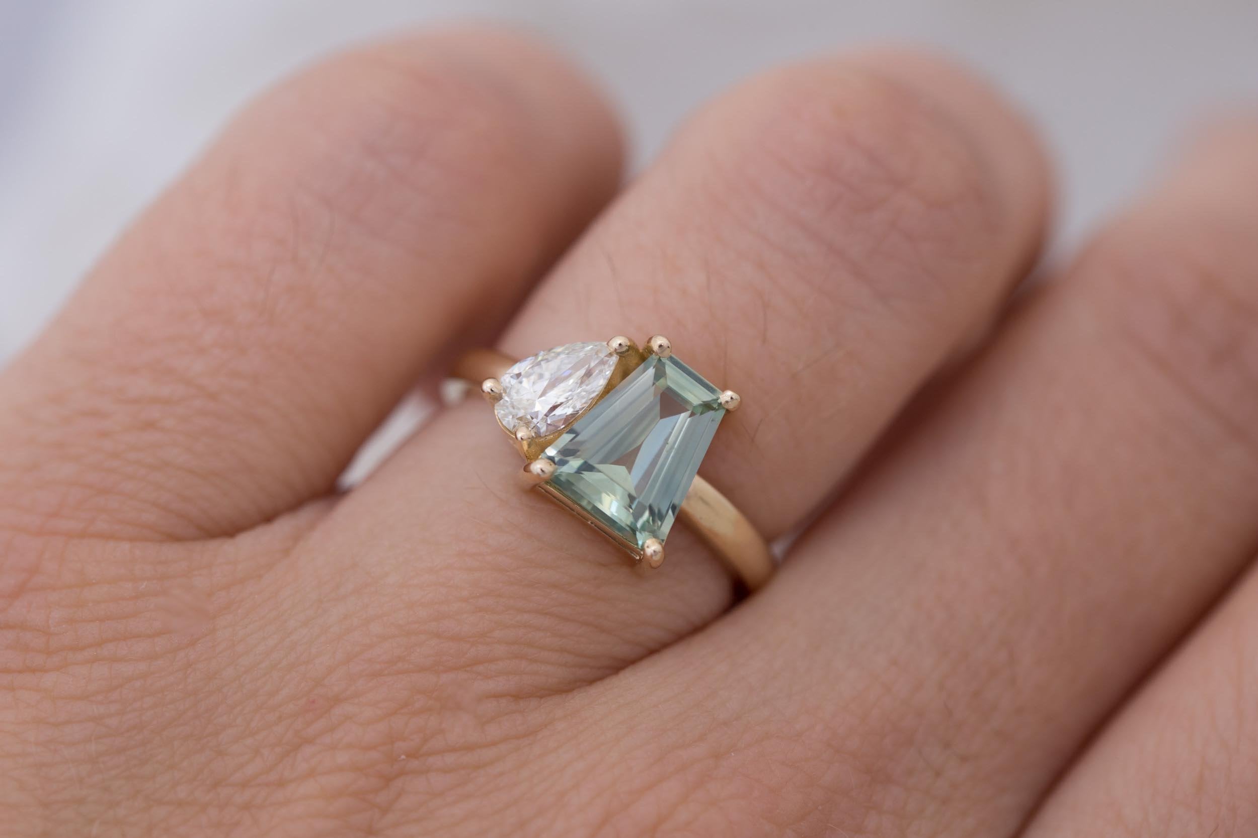 Liana Ring | Mint Trapezoid Montana Sapphire + Pear Cut Diamond Engagement Ring | 14k Recycled Gold | One of a Kind