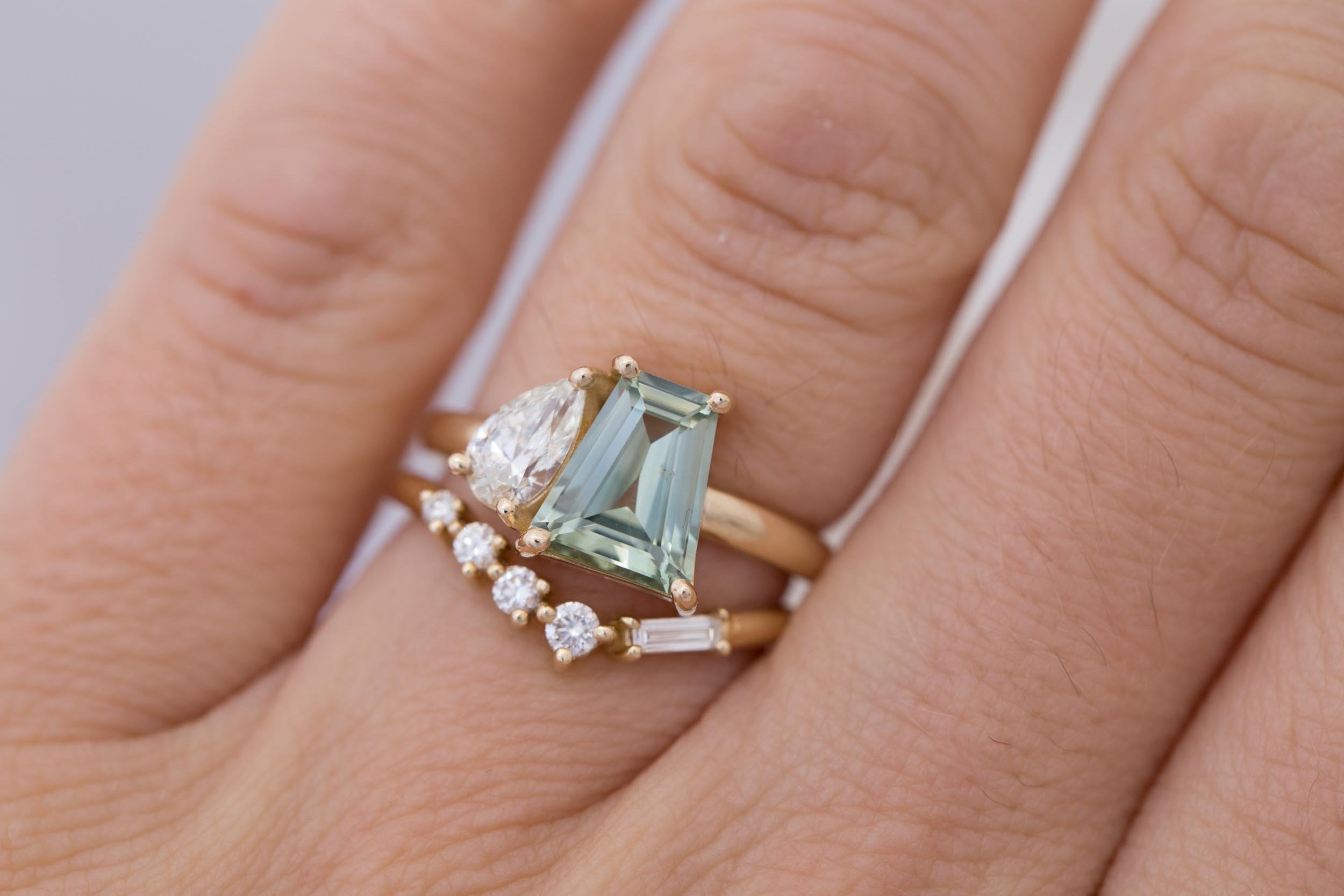 Liana Ring | Mint Trapezoid Montana Sapphire + Pear Cut Diamond Engagement Ring | 14k Recycled Gold | One of a Kind