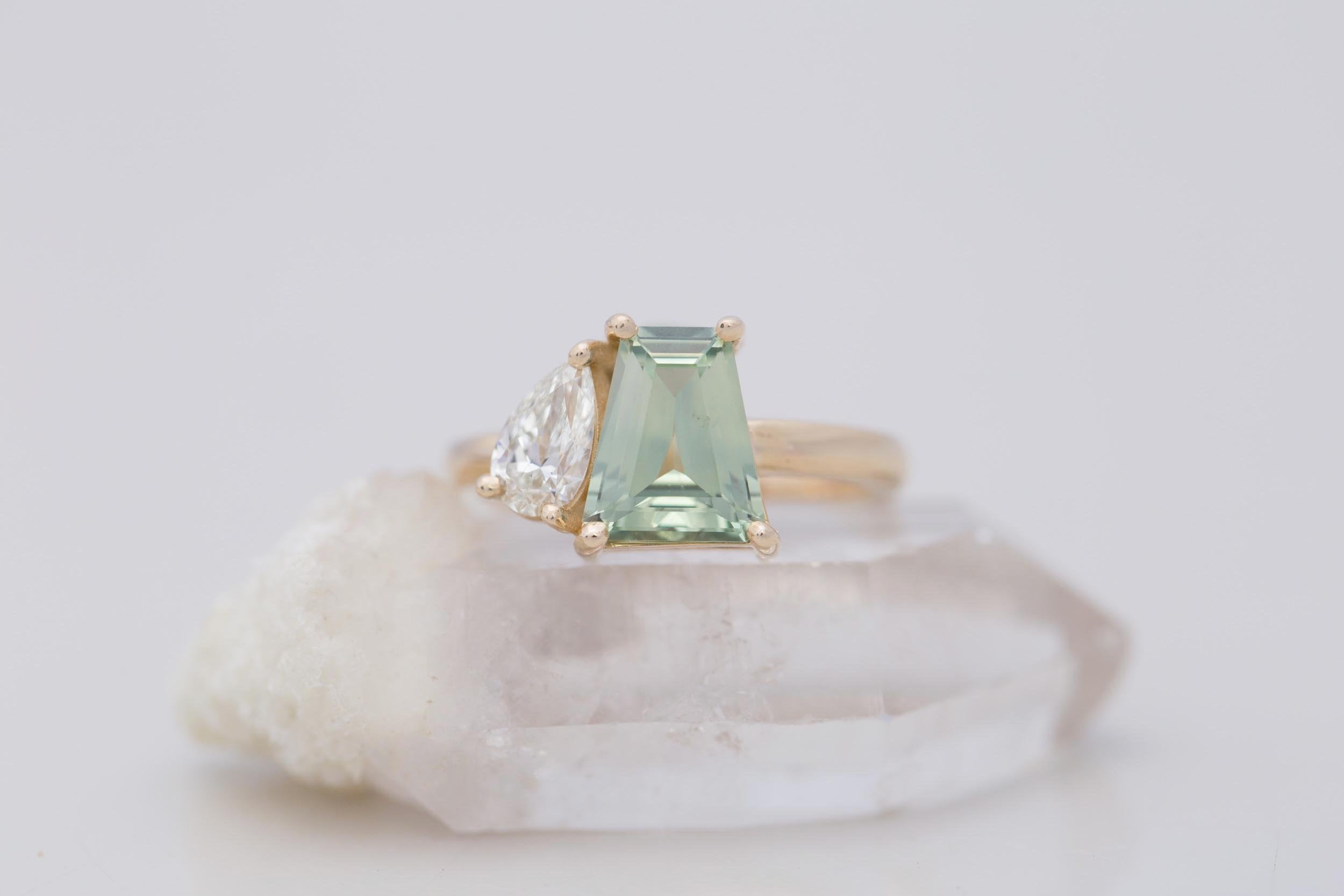 Liana Ring | Mint Trapezoid Montana Sapphire + Pear Cut Diamond Engagement Ring | 14k Recycled Gold | One of a Kind