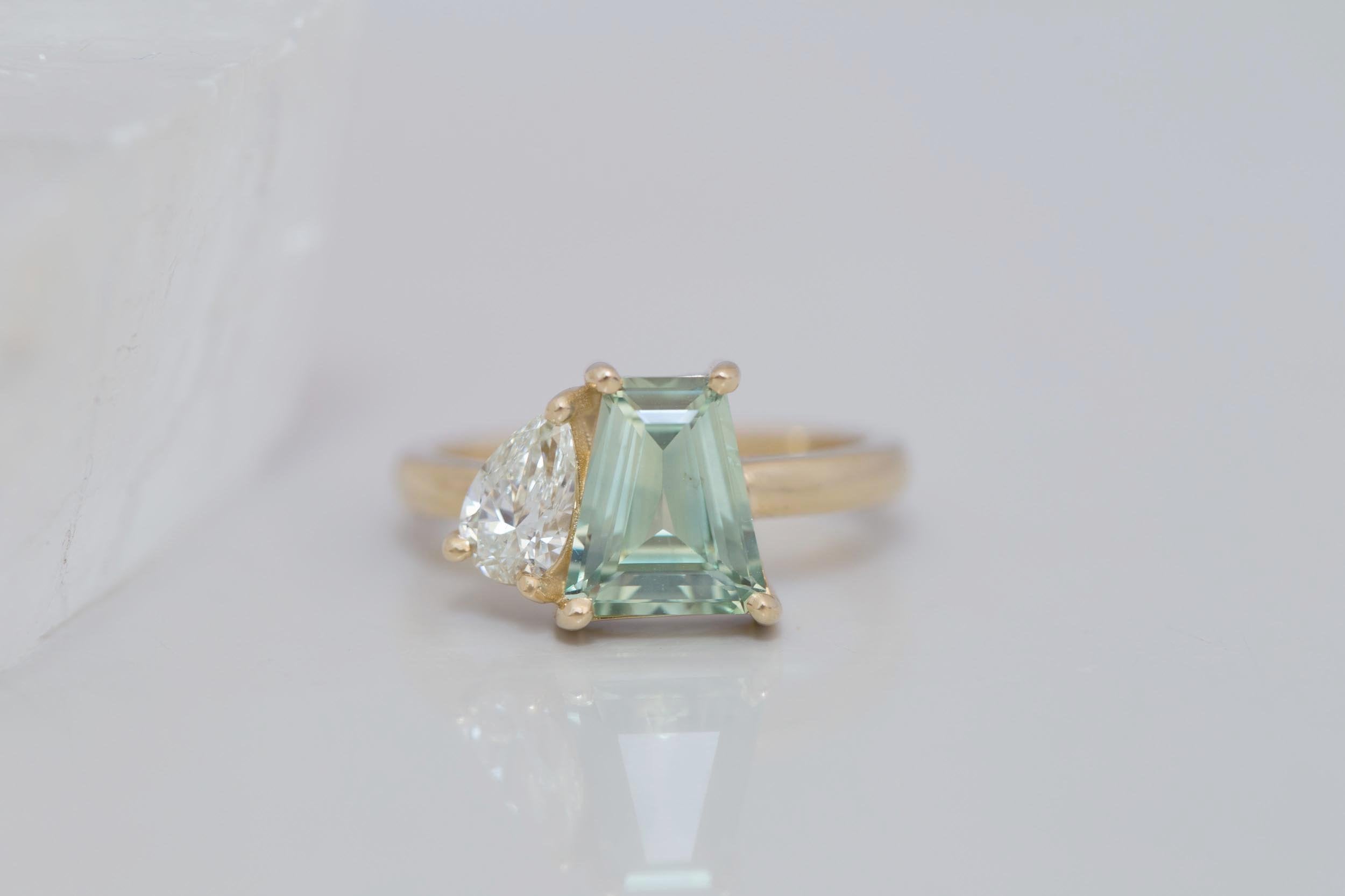 Liana Ring | Mint Trapezoid Montana Sapphire + Pear Cut Diamond Engagement Ring | 14k Recycled Gold | One of a Kind