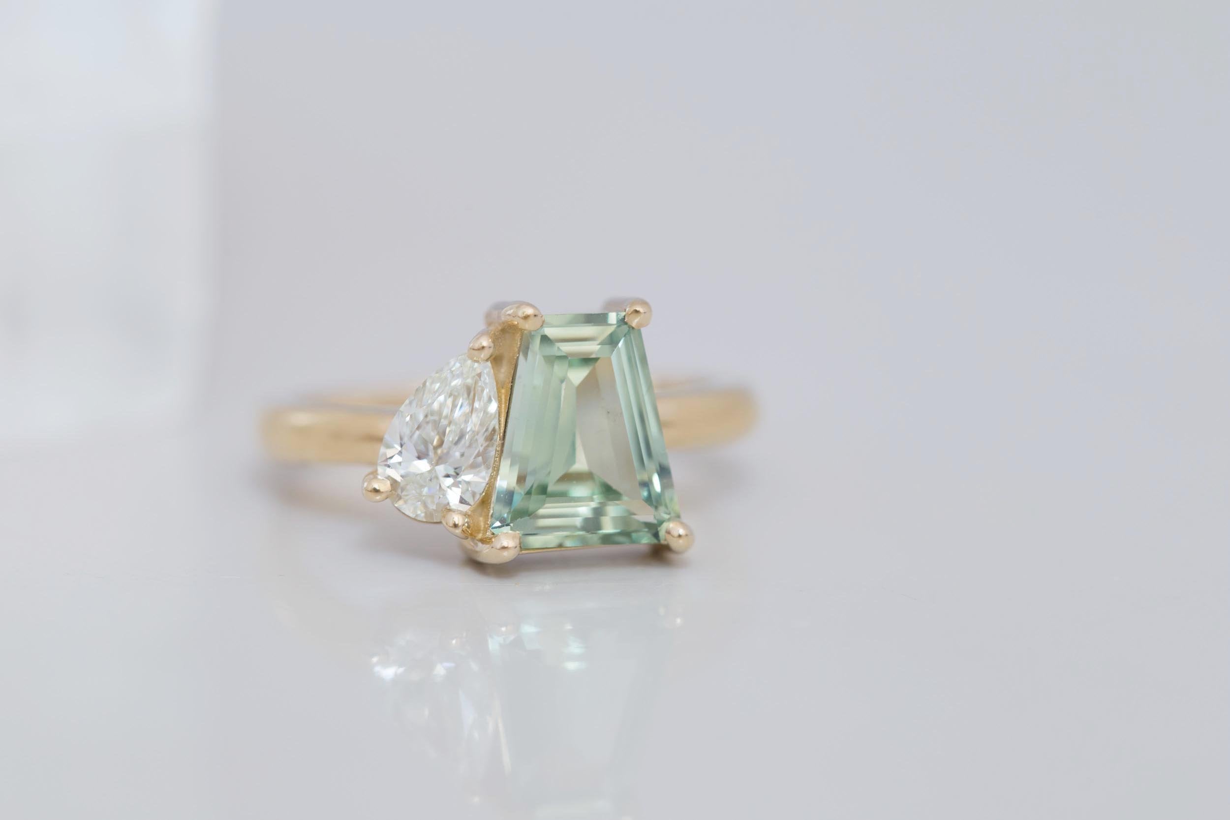Liana Ring | Mint Trapezoid Montana Sapphire + Pear Cut Diamond Engagement Ring | 14k Recycled Gold | One of a Kind