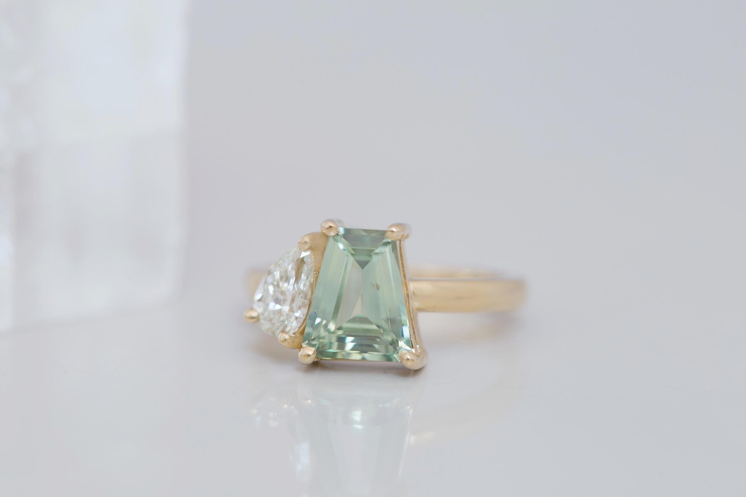 Liana Ring | Mint Trapezoid Montana Sapphire + Pear Cut Diamond Engagement Ring | 14k Recycled Gold | One of a Kind
