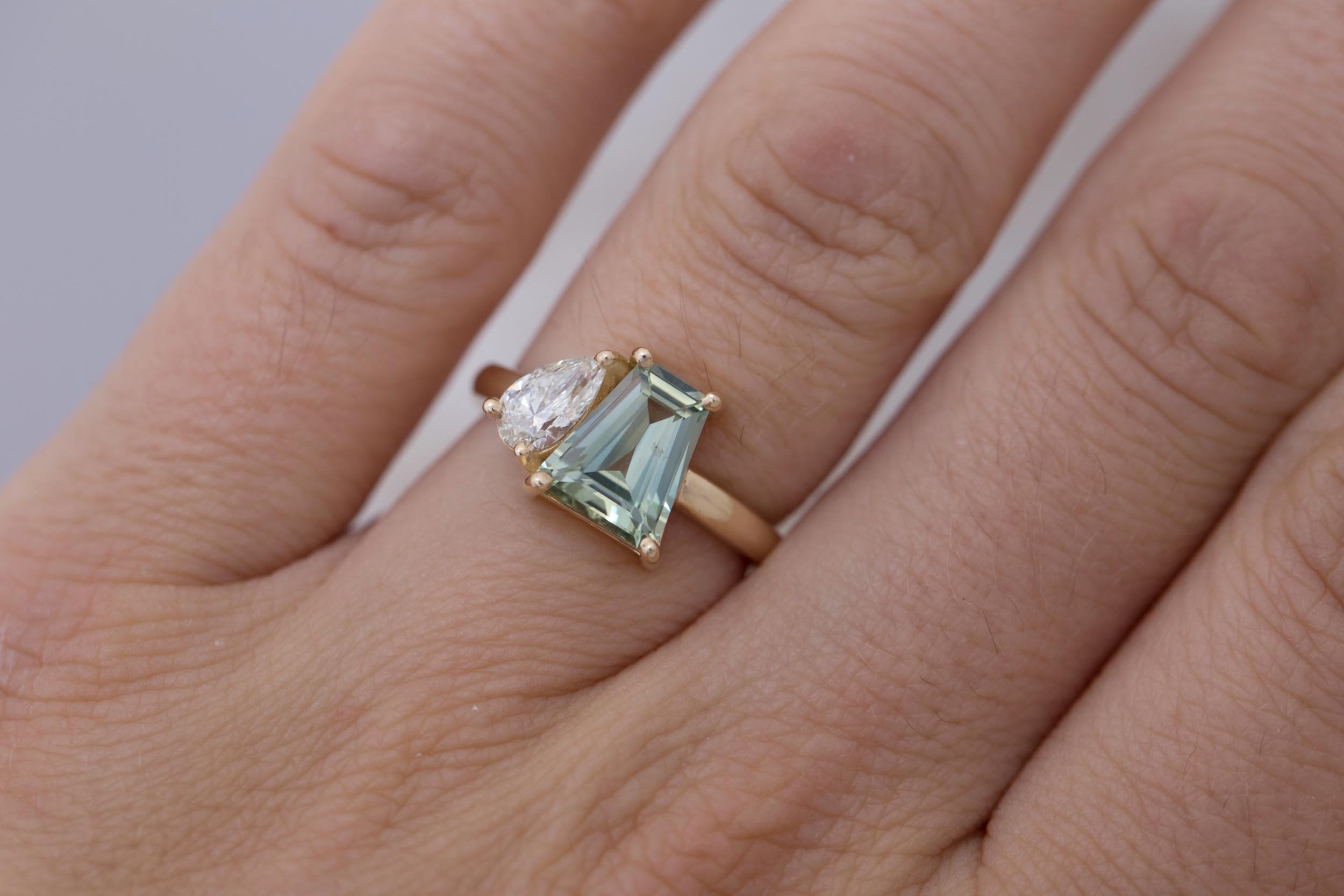 Liana Ring | Mint Trapezoid Montana Sapphire + Pear Cut Diamond Engagement Ring | 14k Recycled Gold | One of a Kind