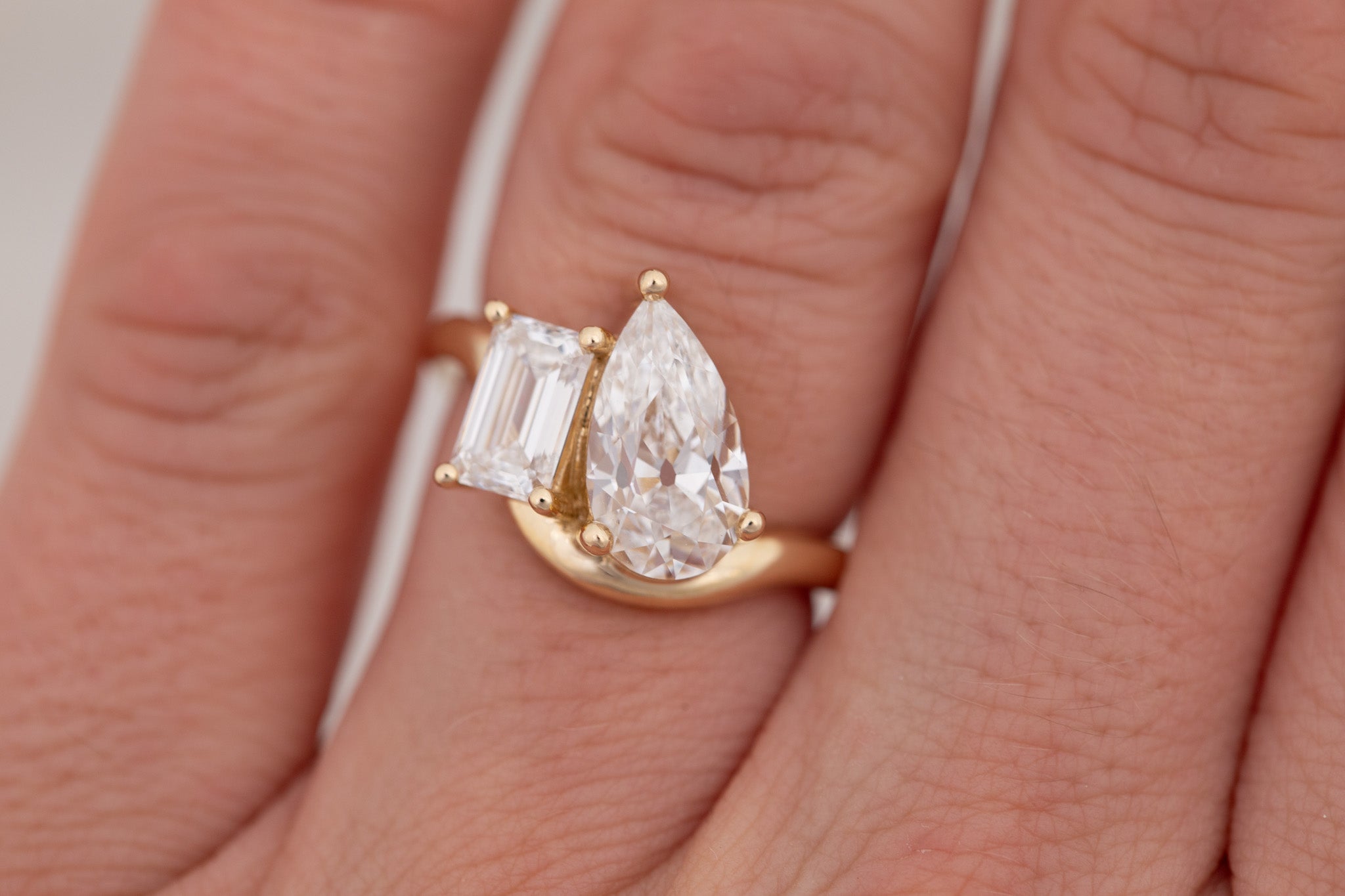 Townes Ring | Lab Pear Cut + Emerald Cut Diamond Curved Band Engagement Ring + Wedding Band Set 2.15 ct + 1.04 ct | 14k Recycled Gold | One of a Kind