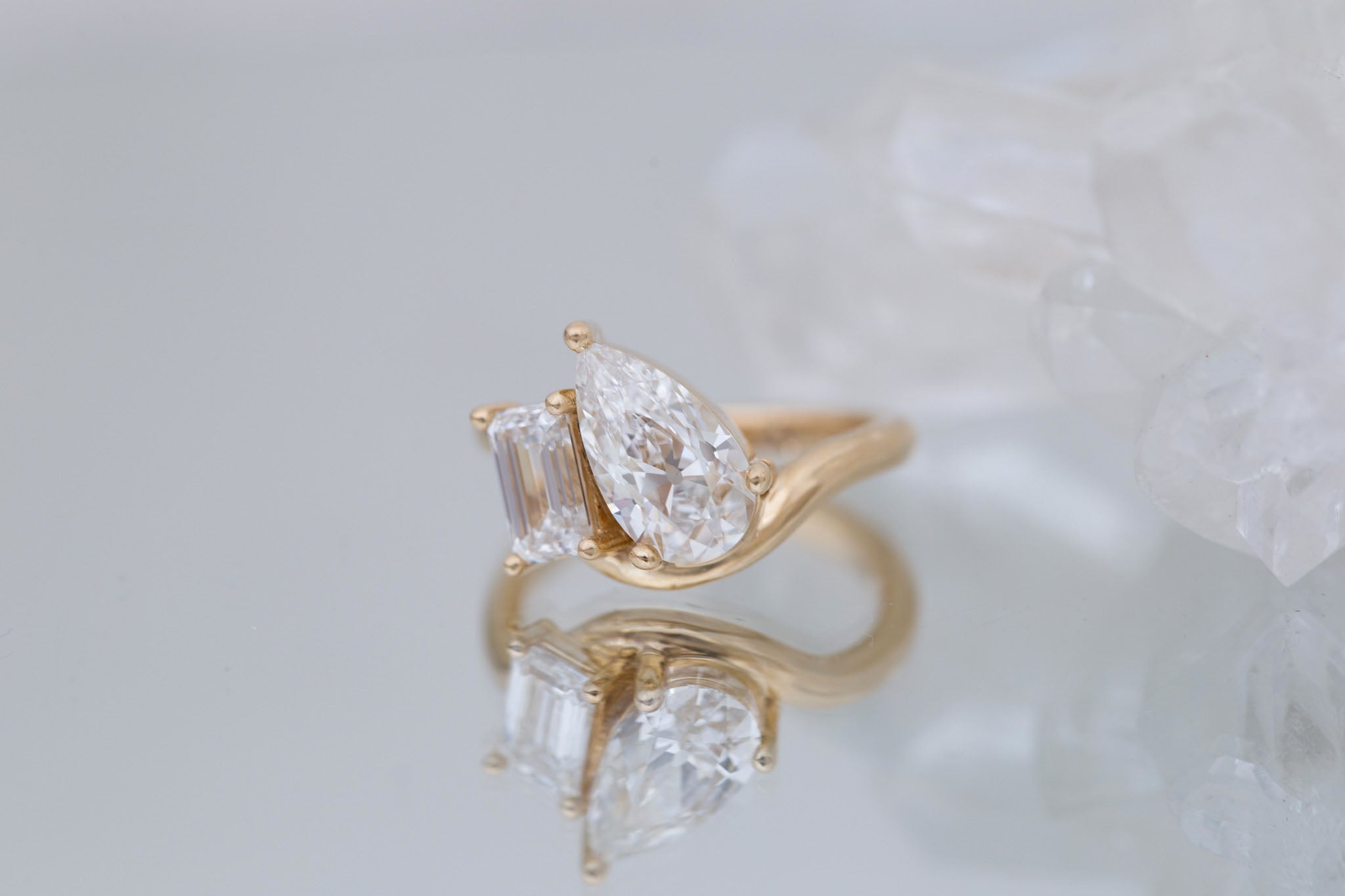 Townes Ring | Lab Pear Cut + Emerald Cut Diamond Curved Band Engagement Ring + Wedding Band Set 2.15 ct + 1.04 ct | 14k Recycled Gold | One of a Kind