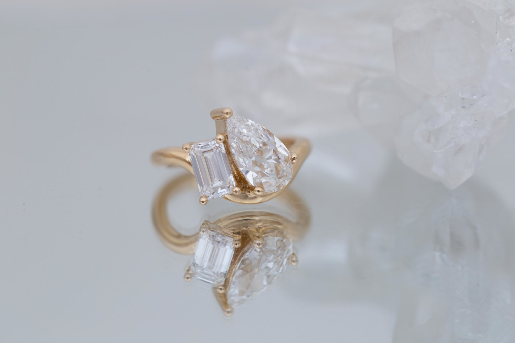 Townes Ring | Lab Pear Cut + Emerald Cut Diamond Curved Band Engagement Ring + Wedding Band Set 2.15 ct + 1.04 ct | 14k Recycled Gold | One of a Kind