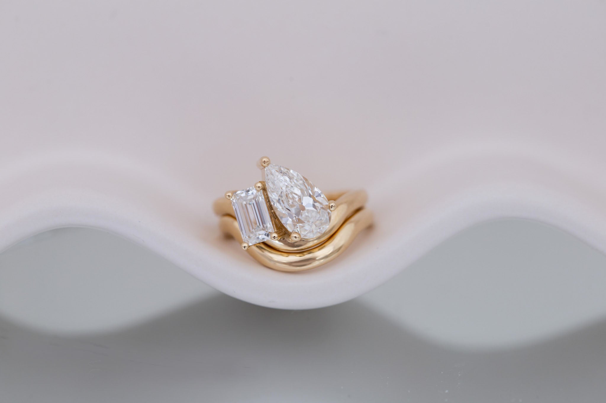 Townes Ring | Lab Pear Cut + Emerald Cut Diamond Curved Band Engagement Ring + Wedding Band Set 2.15 ct + 1.04 ct | 14k Recycled Gold | One of a Kind