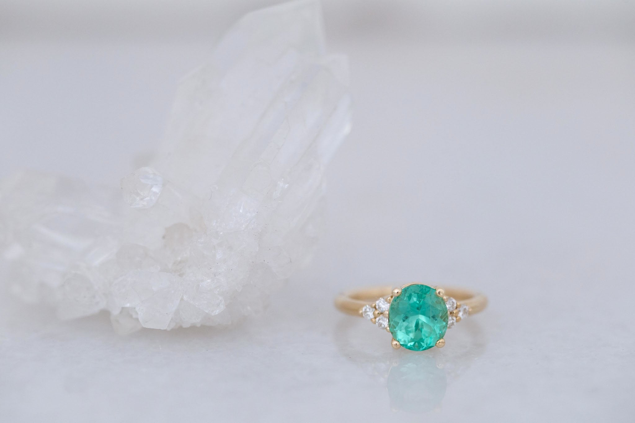 Verona Ring | Oval Emerald + Round Diamond Accents Engagement Ring 2.16 ct | 14k Recycled Gold | One of a Kind