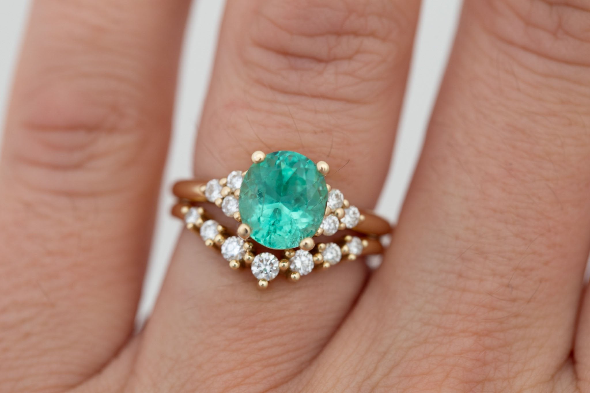 Verona Ring | Oval Emerald + Round Diamond Accents Engagement Ring 2.16 ct | 14k Recycled Gold | One of a Kind