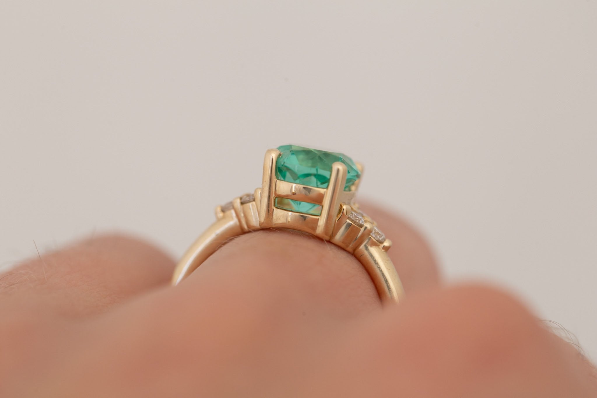 Verona Ring | Oval Emerald + Round Diamond Accents Engagement Ring 2.16 ct | 14k Recycled Gold | One of a Kind