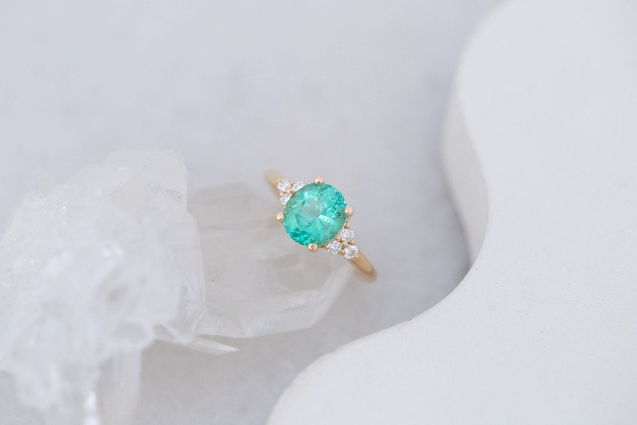 Verona Ring | Oval Emerald + Round Diamond Accents Engagement Ring 2.16 ct | 14k Recycled Gold | One of a Kind