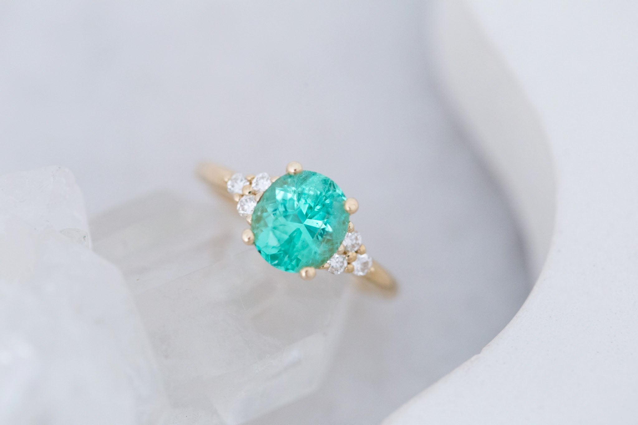 Verona Ring | Oval Emerald + Round Diamond Accents Engagement Ring 2.16 ct | 14k Recycled Gold | One of a Kind