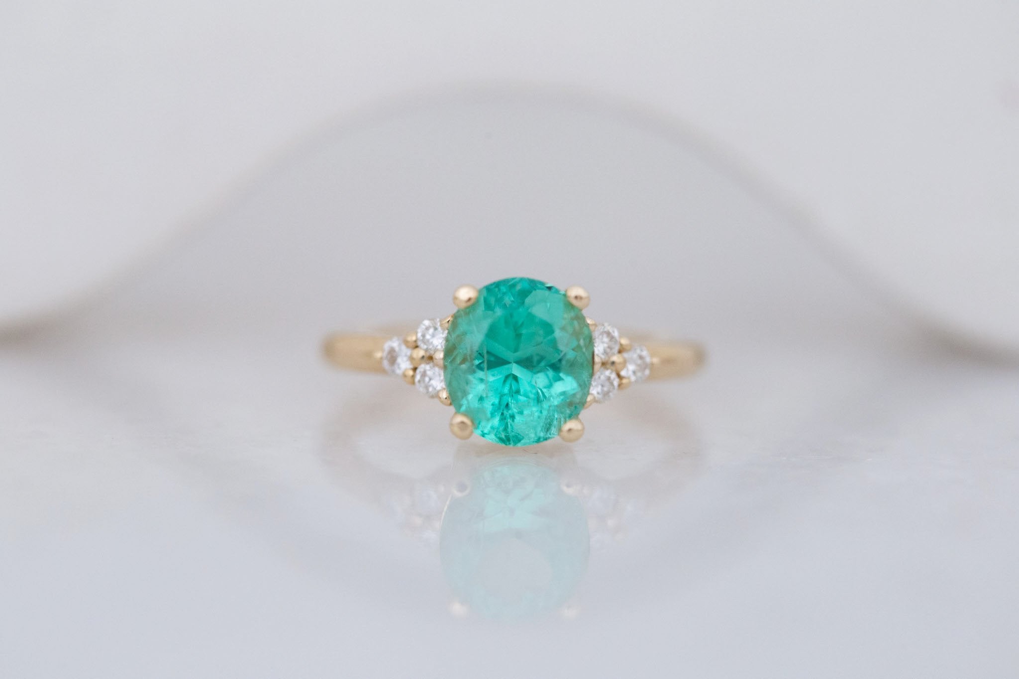 Verona Ring | Oval Emerald + Round Diamond Accents Engagement Ring 2.16 ct | 14k Recycled Gold | One of a Kind