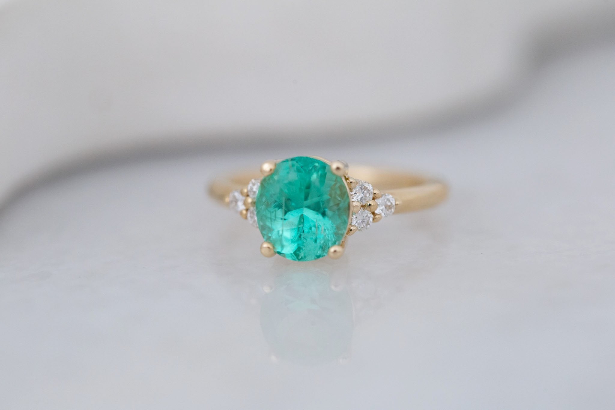 Verona Ring | Oval Emerald + Round Diamond Accents Engagement Ring 2.16 ct | 14k Recycled Gold | One of a Kind