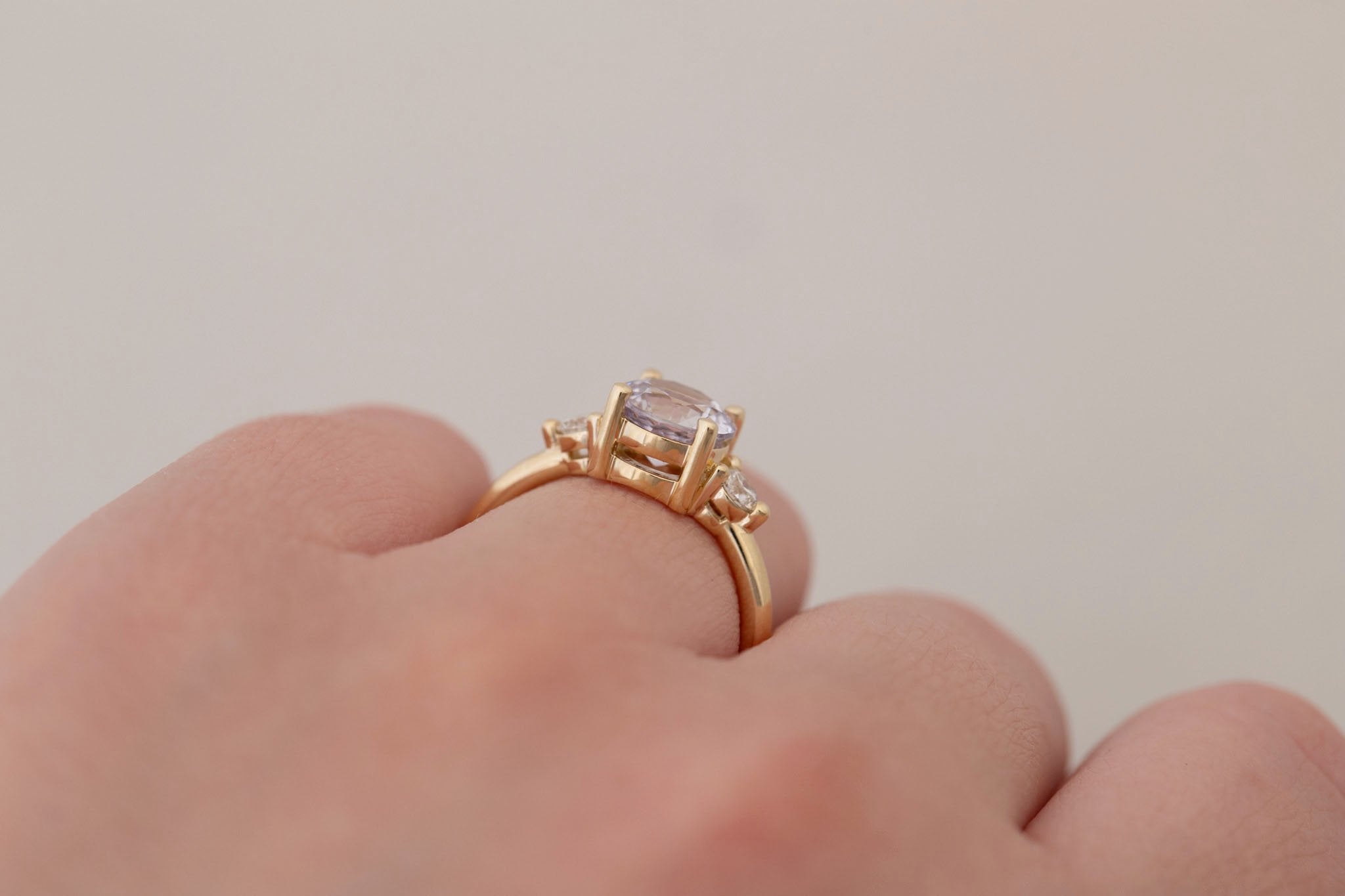 Maeve Ring | Icy Lavender Sapphire + Round Diamond Accent Engagement Ring 2.16 ct | 14k Recycled Gold | One of a Kind