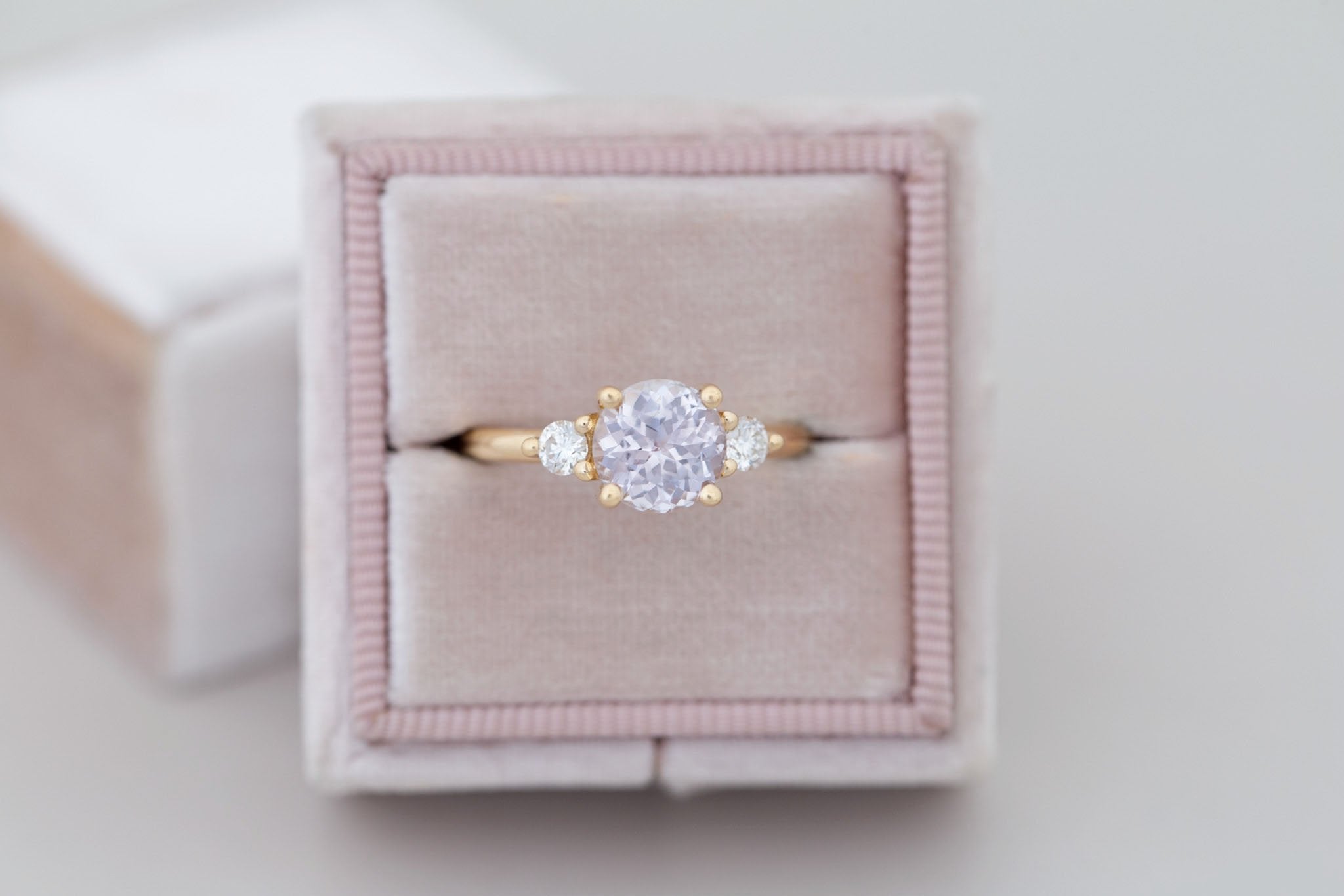 Maeve Ring | Icy Lavender Sapphire + Round Diamond Accent Engagement Ring 2.16 ct | 14k Recycled Gold | One of a Kind