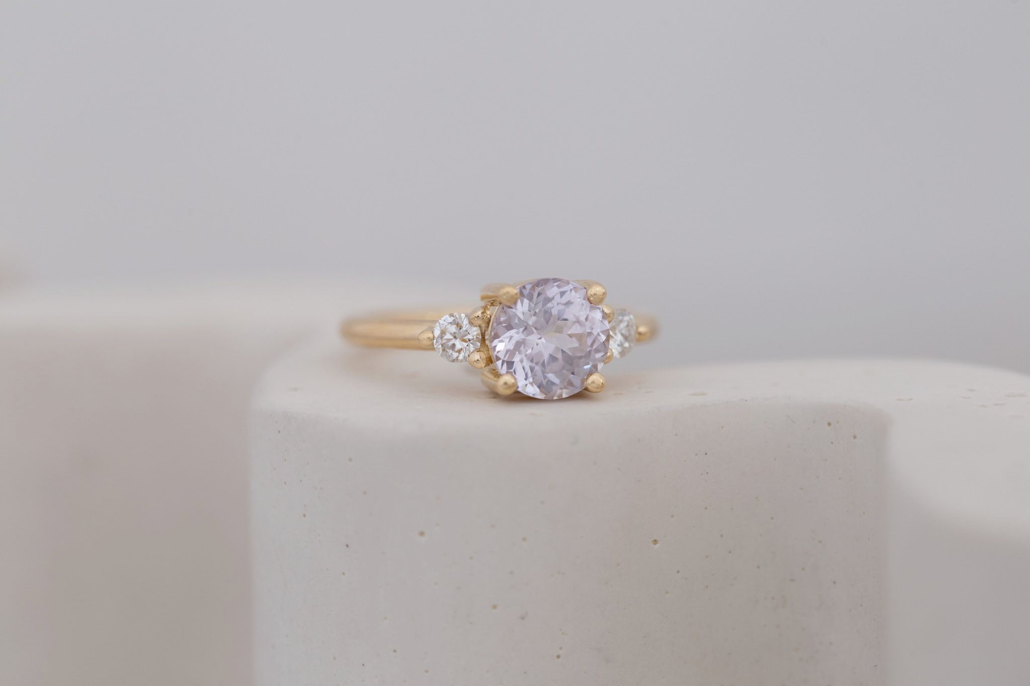 Maeve Ring | Icy Lavender Sapphire + Round Diamond Accent Engagement Ring 2.16 ct | 14k Recycled Gold | One of a Kind