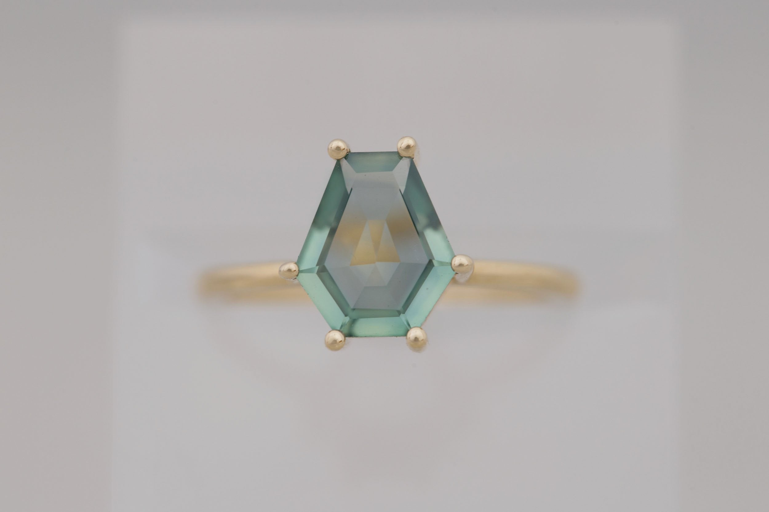 Mesa Ring | Mint Montana Hexagonal Cut Solitaire Engagement Ring 2.16 ct | 14k Recycled Gold | One of a Kind