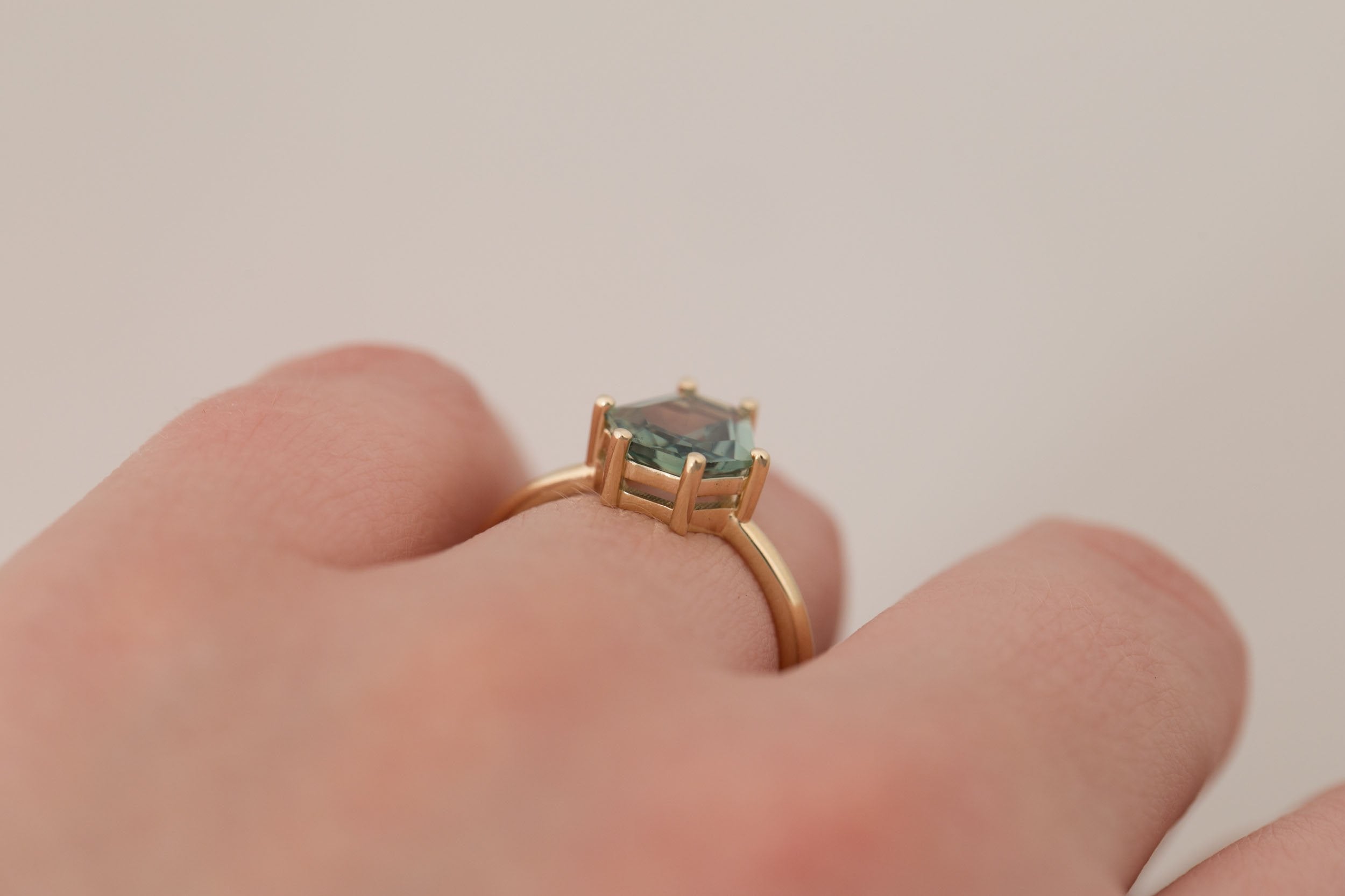 Mesa Ring | Mint Montana Hexagonal Cut Solitaire Engagement Ring 2.16 ct | 14k Recycled Gold | One of a Kind