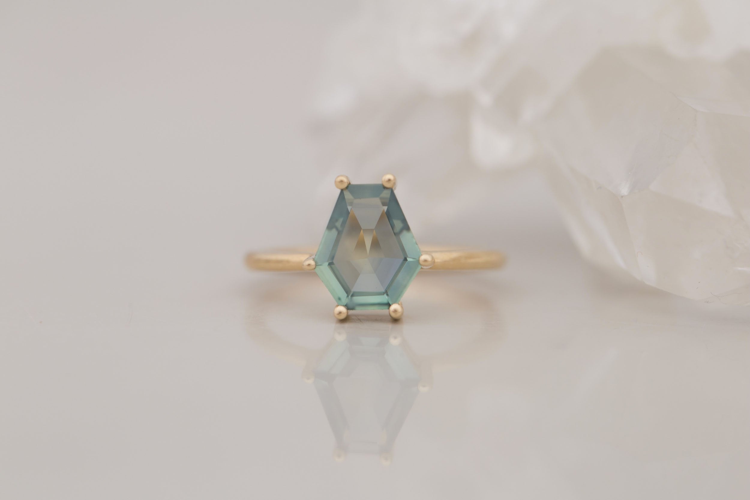 Mesa Ring | Mint Montana Hexagonal Cut Solitaire Engagement Ring 2.16 ct | 14k Recycled Gold | One of a Kind
