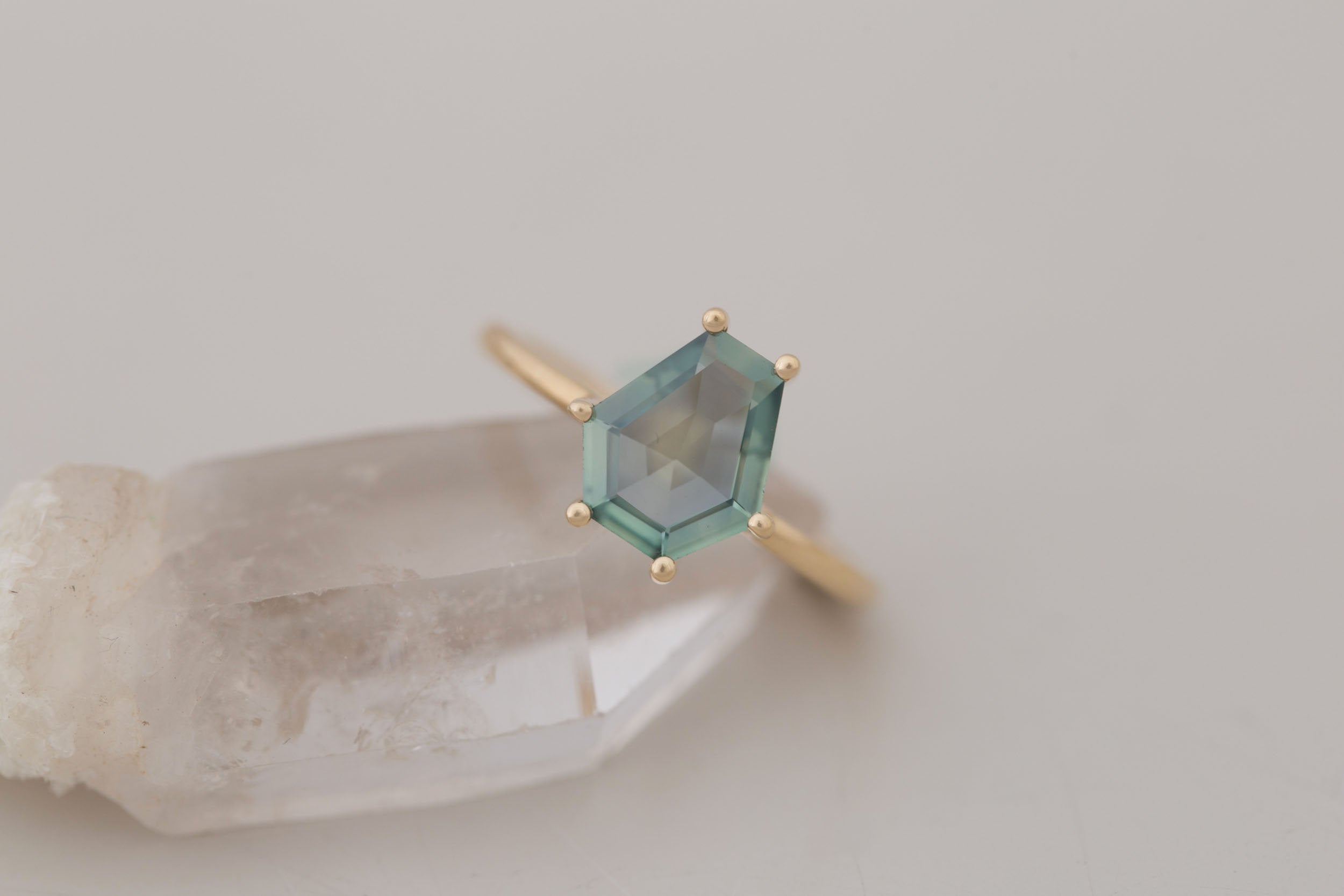 Mesa Ring | Mint Montana Hexagonal Cut Solitaire Engagement Ring 2.16 ct | 14k Recycled Gold | One of a Kind