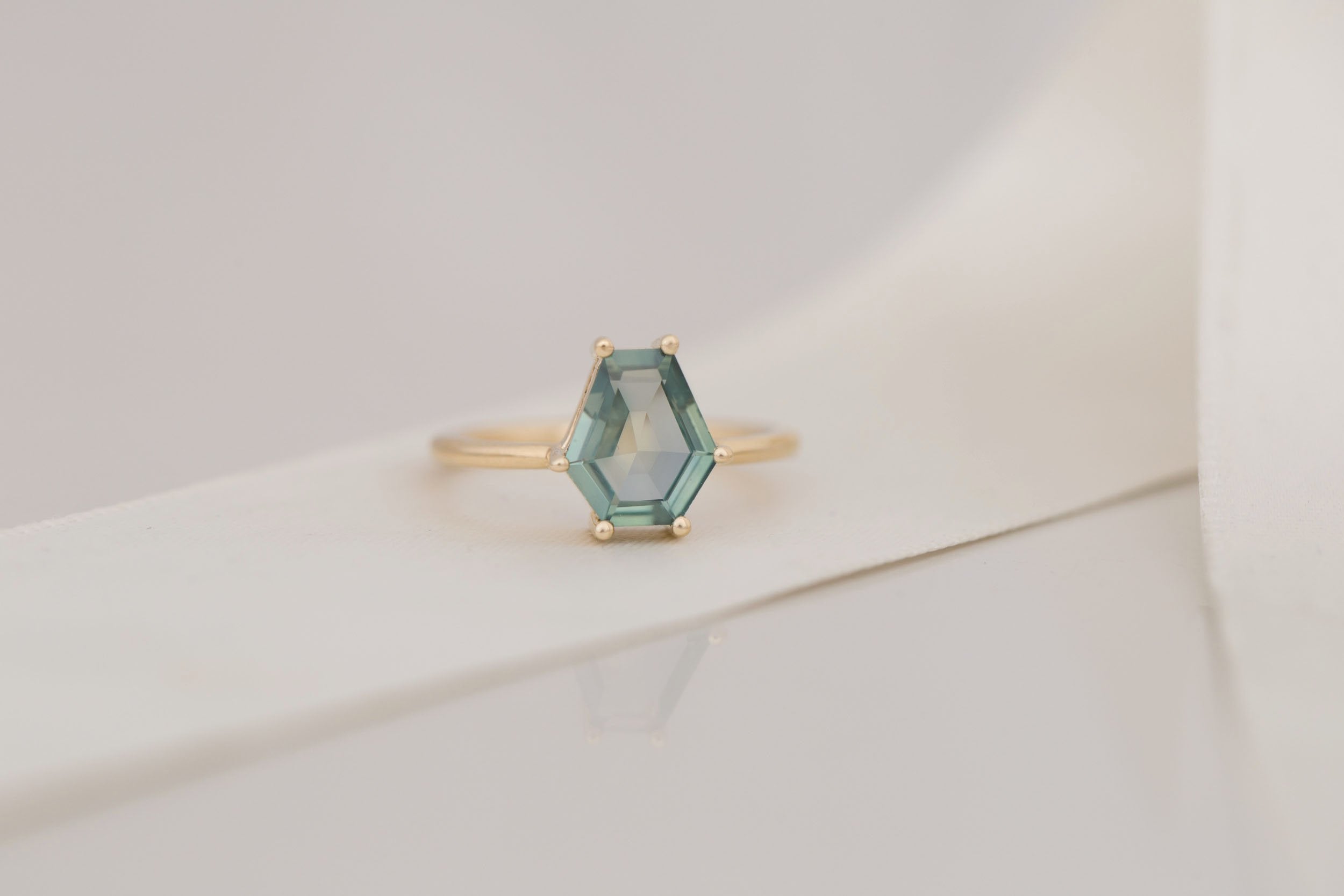 Mesa Ring | Mint Montana Hexagonal Cut Solitaire Engagement Ring 2.16 ct | 14k Recycled Gold | One of a Kind