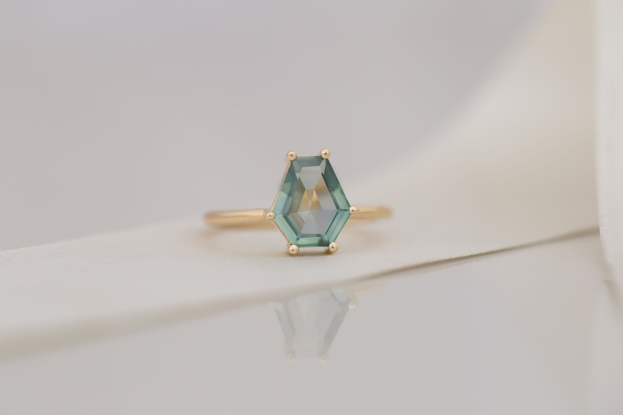 Mesa Ring | Mint Montana Hexagonal Cut Solitaire Engagement Ring 2.16 ct | 14k Recycled Gold | One of a Kind