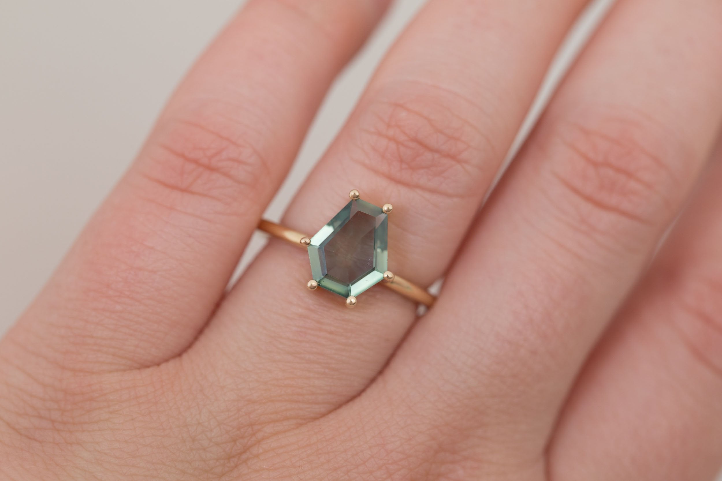 Mesa Ring | Mint Montana Hexagonal Cut Solitaire Engagement Ring 2.16 ct | 14k Recycled Gold | One of a Kind