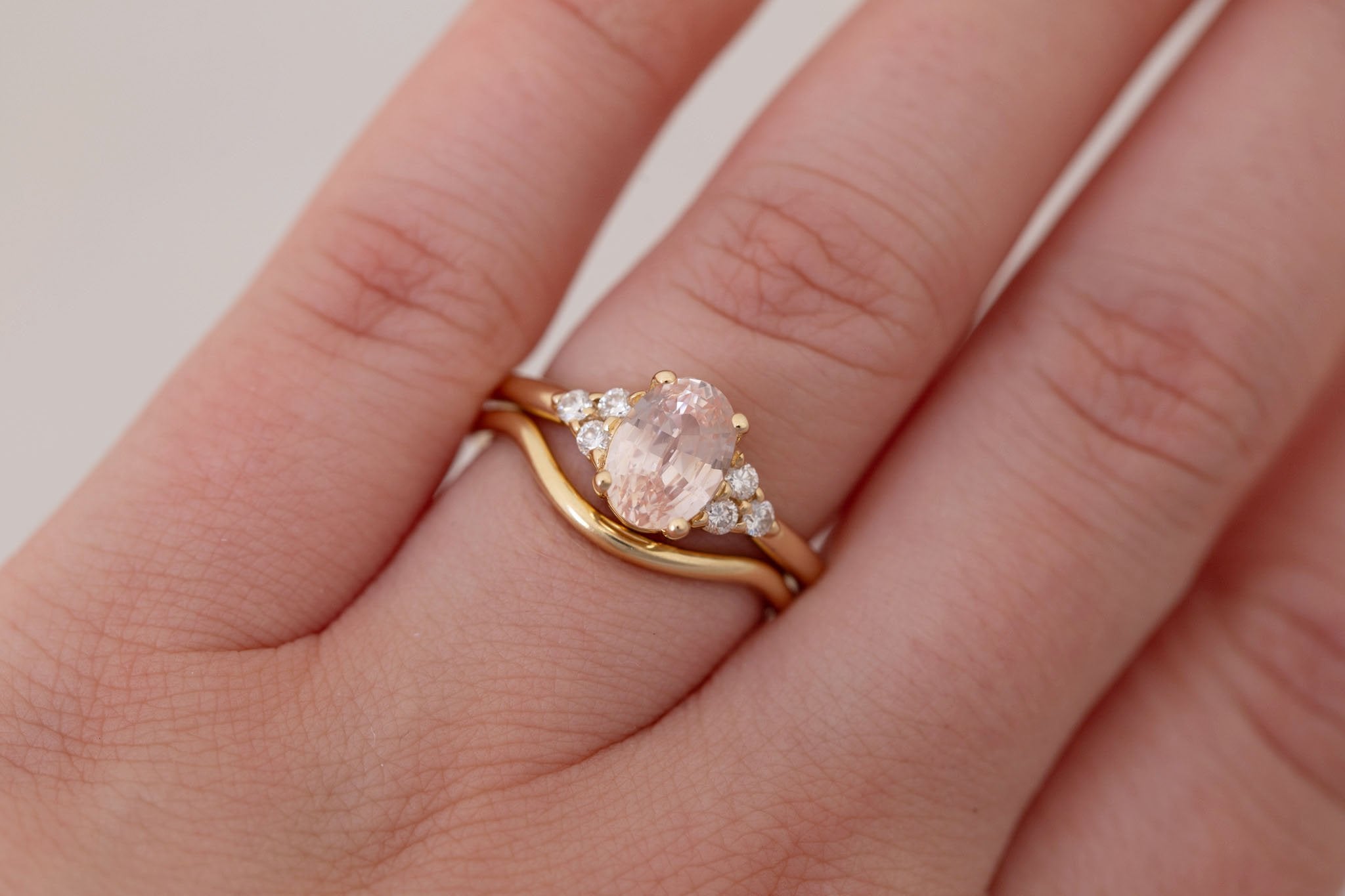 Verona Ring | Peach Oval Sapphire + Round Diamond Accents Engagement Ring 2.17 ct | 14k Recycled Gold | One of a Kind