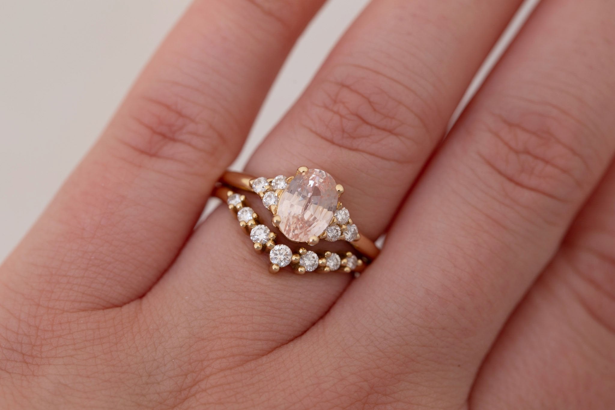 Verona Ring | Peach Oval Sapphire + Round Diamond Accents Engagement Ring 2.17 ct | 14k Recycled Gold | One of a Kind