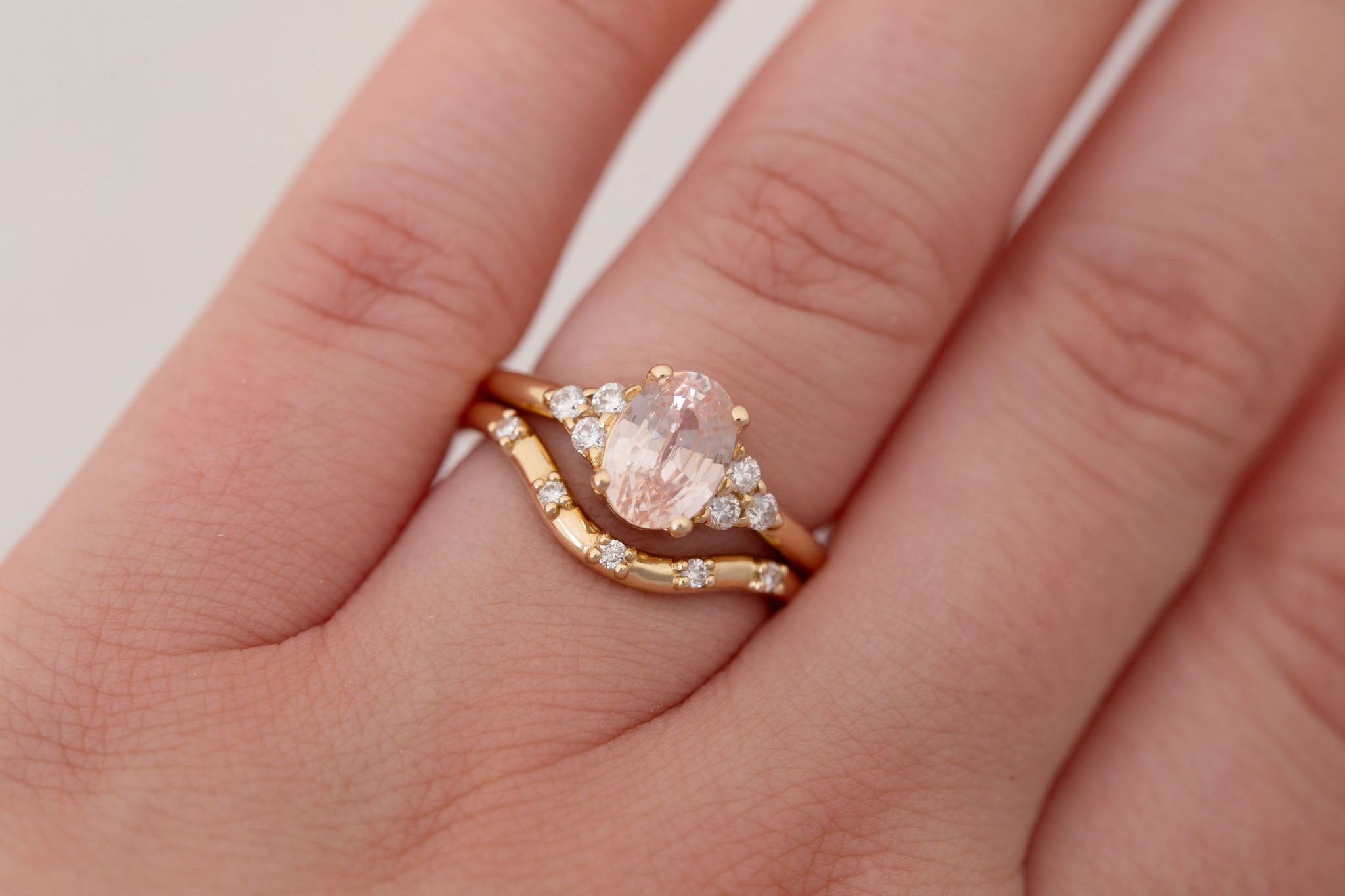Verona Ring | Peach Oval Sapphire + Round Diamond Accents Engagement Ring 2.17 ct | 14k Recycled Gold | One of a Kind