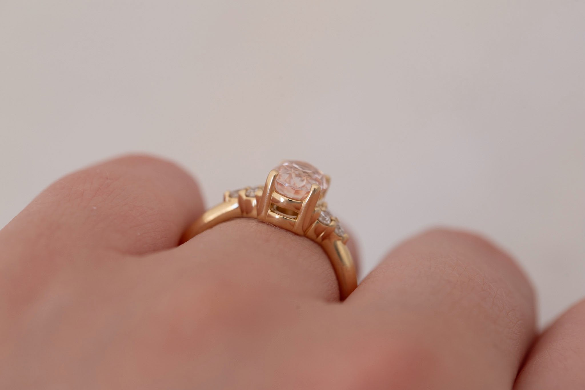 Verona Ring | Peach Oval Sapphire + Round Diamond Accents Engagement Ring 2.17 ct | 14k Recycled Gold | One of a Kind