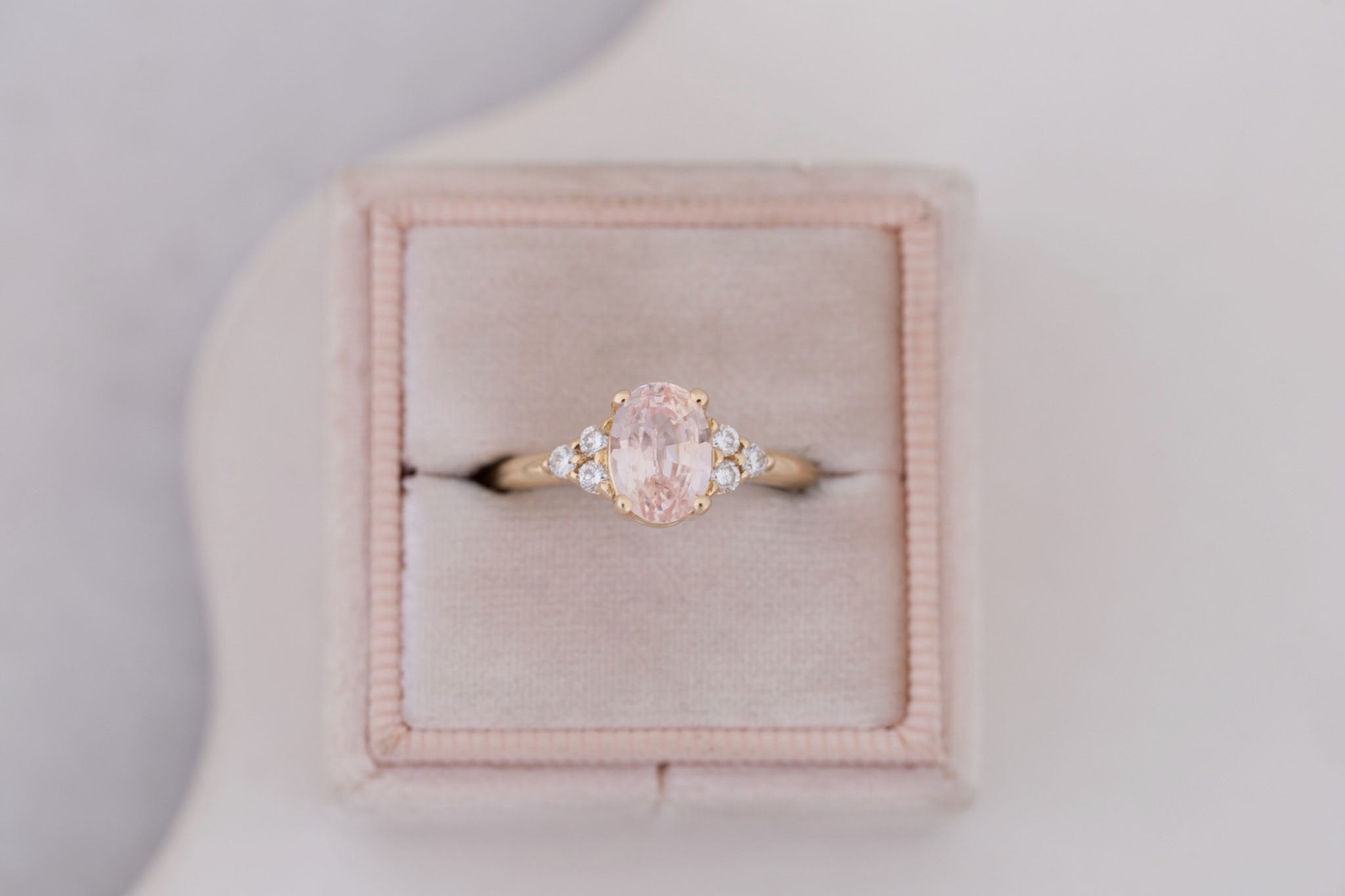 Verona Ring | Peach Oval Sapphire + Round Diamond Accents Engagement Ring 2.17 ct | 14k Recycled Gold | One of a Kind