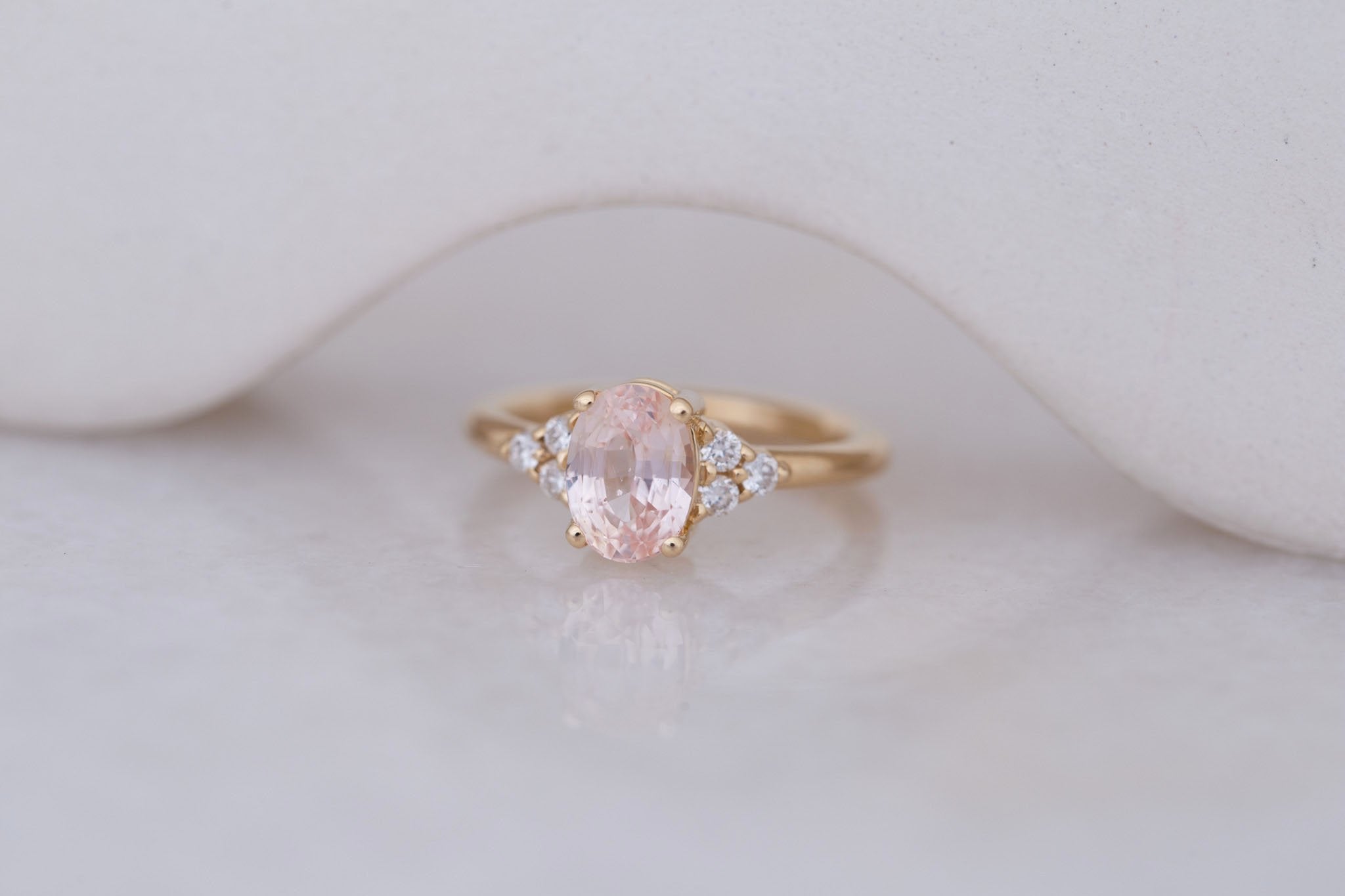 Verona Ring | Peach Oval Sapphire + Round Diamond Accents Engagement Ring 2.17 ct | 14k Recycled Gold | One of a Kind