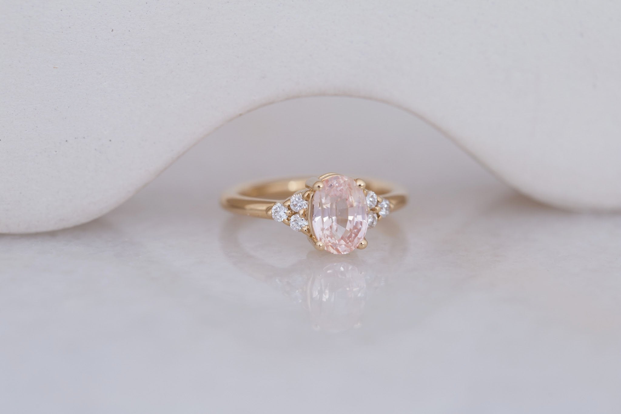 Verona Ring | Peach Oval Sapphire + Round Diamond Accents Engagement Ring 2.17 ct | 14k Recycled Gold | One of a Kind
