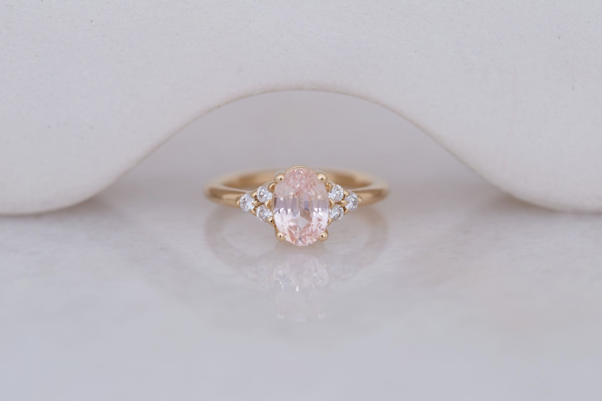 Verona Ring | Peach Oval Sapphire + Round Diamond Accents Engagement Ring 2.17 ct | 14k Recycled Gold | One of a Kind