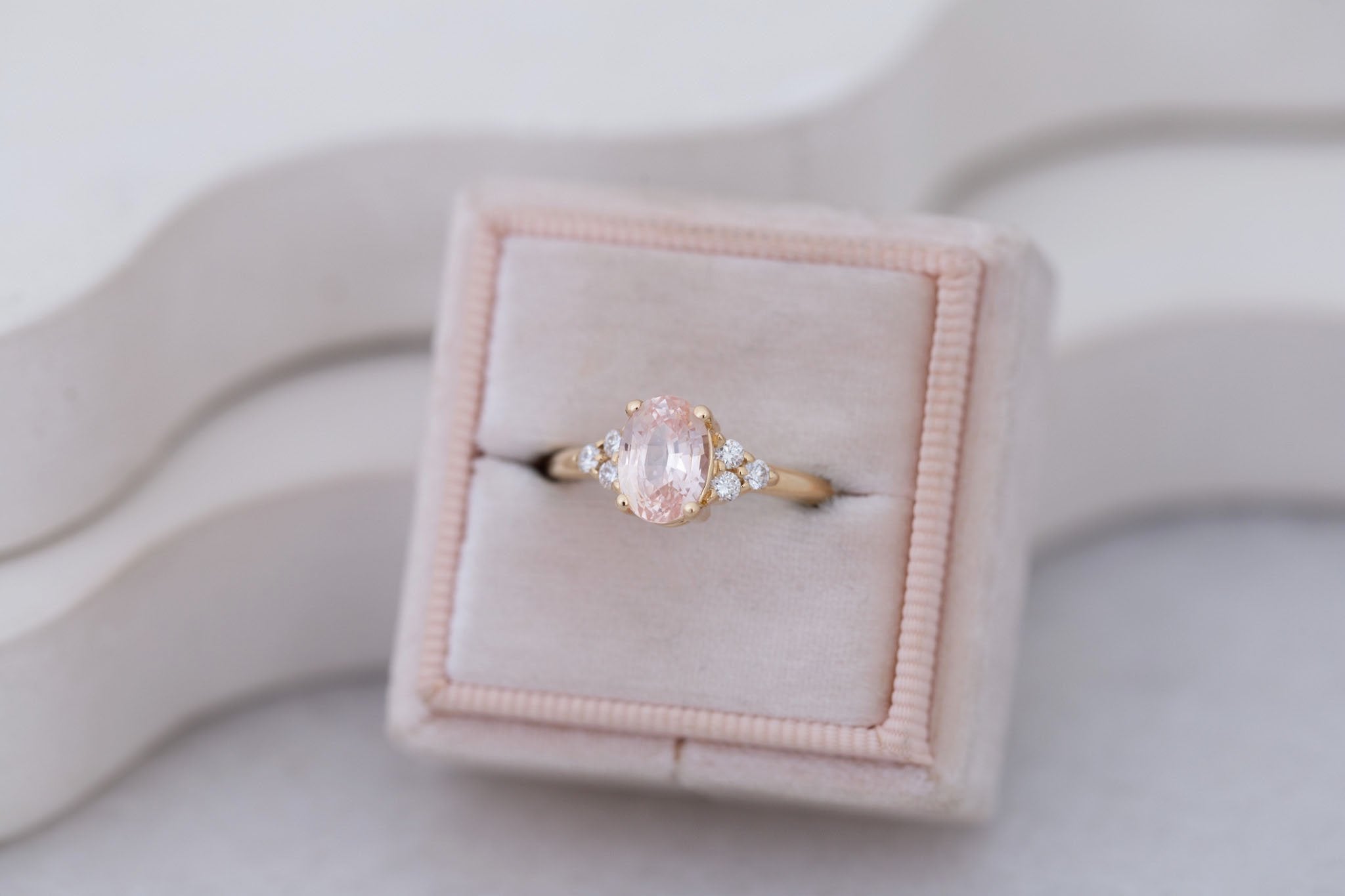 Verona Ring | Peach Oval Sapphire + Round Diamond Accents Engagement Ring 2.17 ct | 14k Recycled Gold | One of a Kind