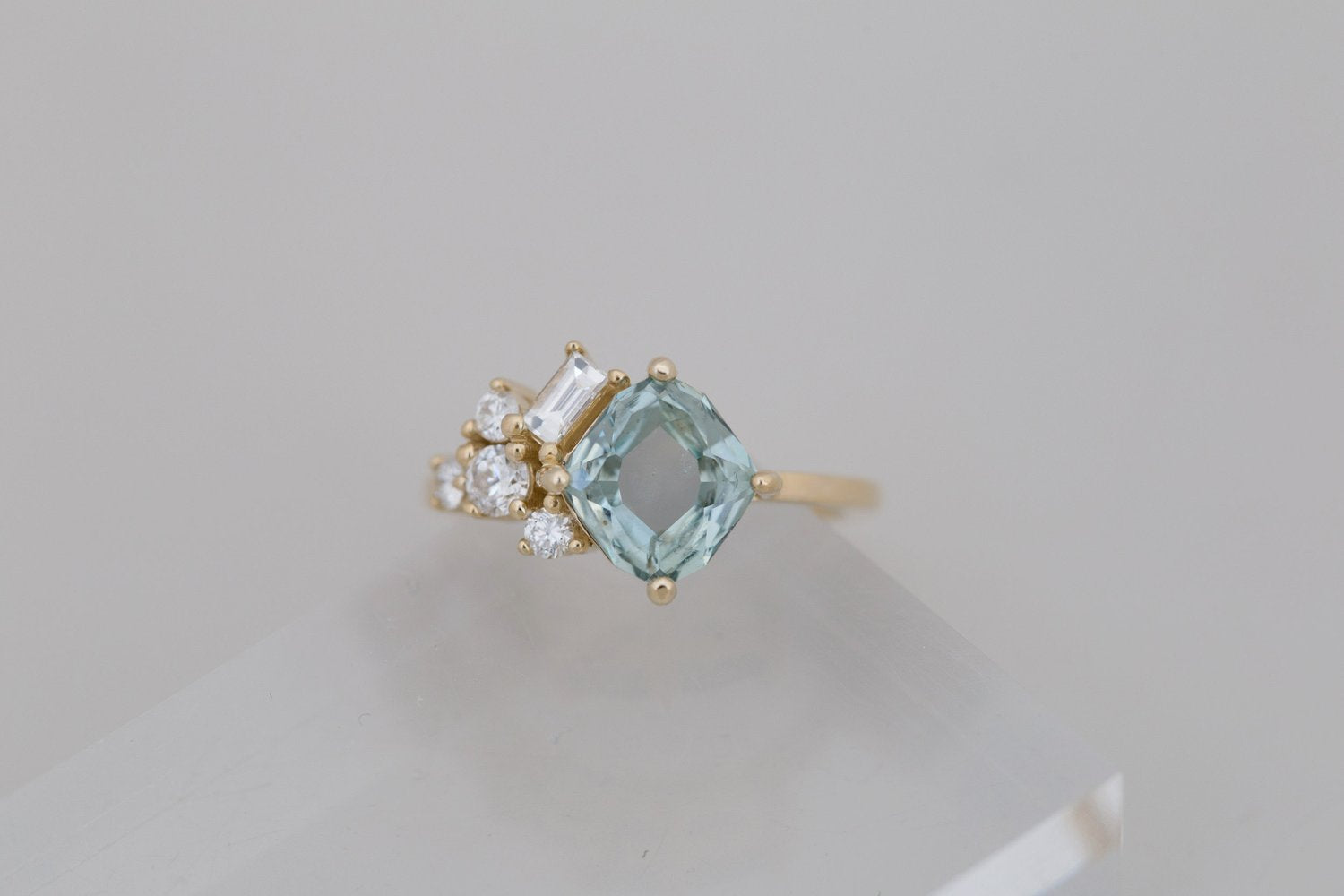 Indra Ring | Grey Green Hexagonal Sapphire + Diamond Cluster Engagement Ring 2.18 ct | 14k Recycled Gold | One of a Kind