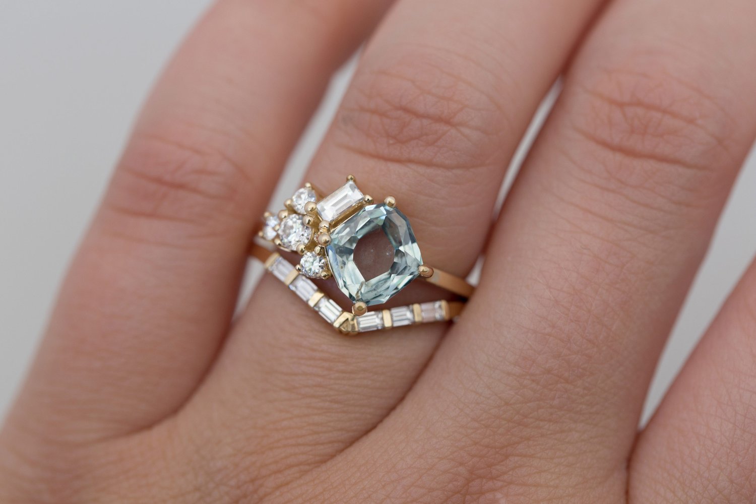 Indra Ring | Grey Green Hexagonal Sapphire + Diamond Cluster Engagement Ring 2.18 ct | 14k Recycled Gold | One of a Kind