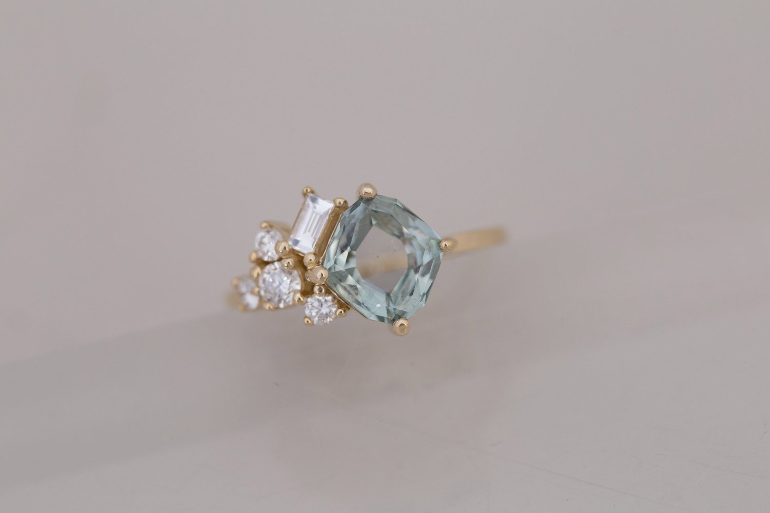 Indra Ring | Grey Green Hexagonal Sapphire + Diamond Cluster Engagement Ring 2.18 ct | 14k Recycled Gold | One of a Kind
