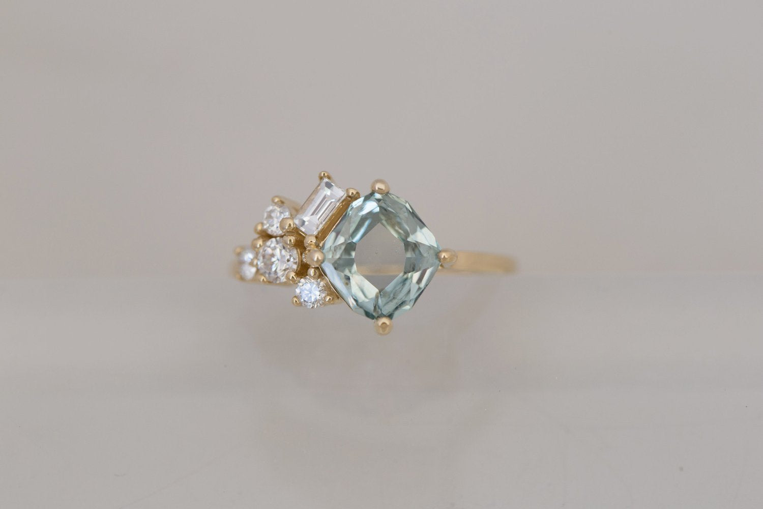 Indra Ring | Grey Green Hexagonal Sapphire + Diamond Cluster Engagement Ring 2.18 ct | 14k Recycled Gold | One of a Kind