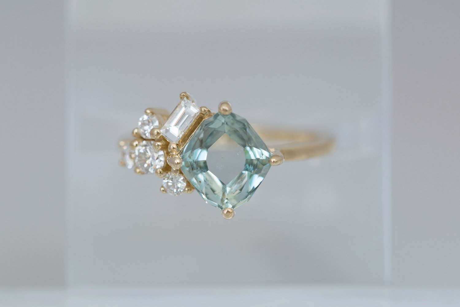 Indra Ring | Grey Green Hexagonal Sapphire + Diamond Cluster Engagement Ring 2.18 ct | 14k Recycled Gold | One of a Kind