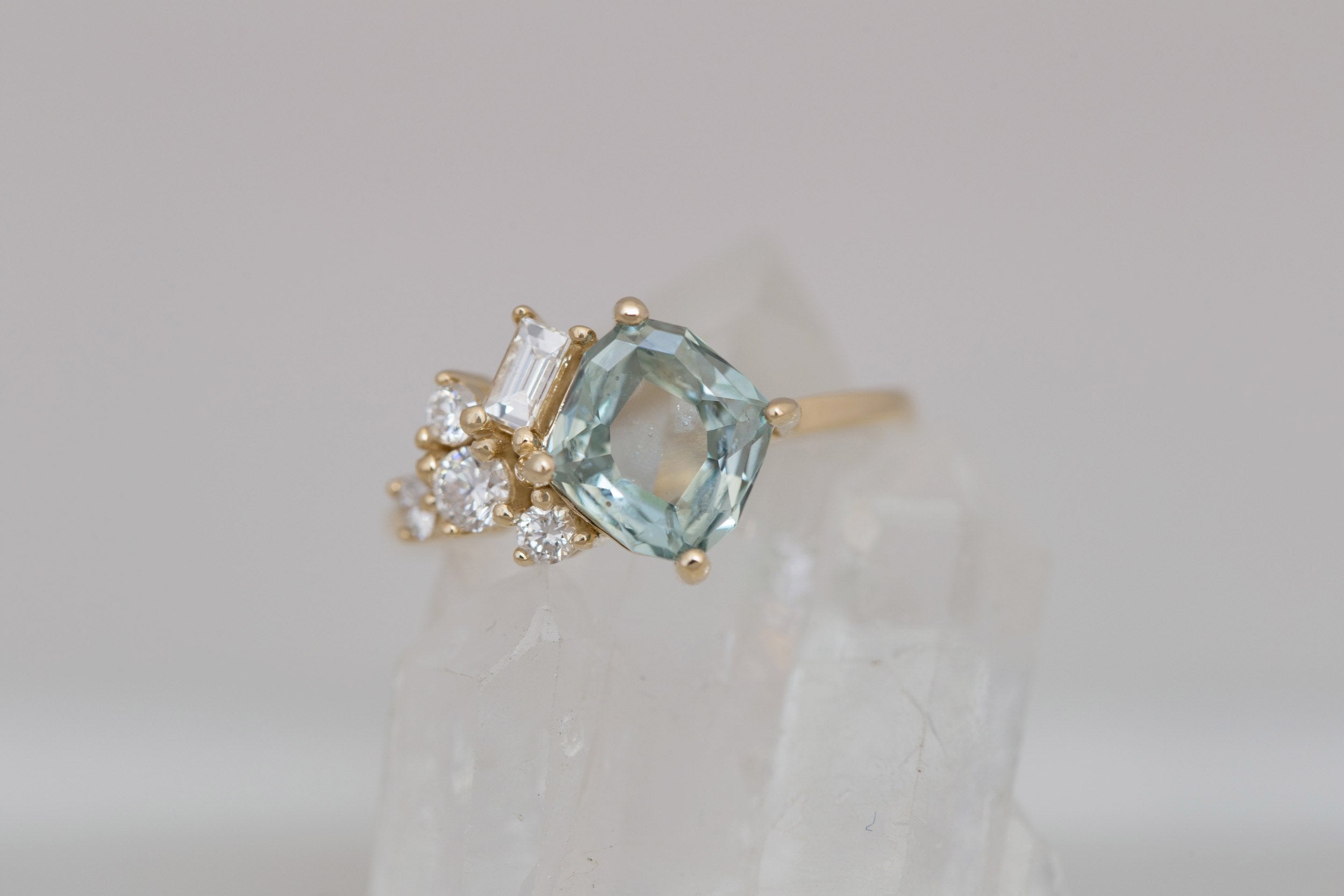 Indra Ring | Grey Green Hexagonal Sapphire + Diamond Cluster Engagement Ring 2.18 ct | 14k Recycled Gold | One of a Kind