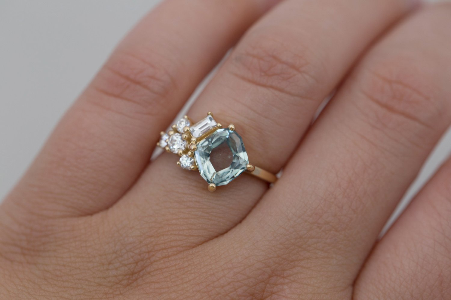 Indra Ring | Grey Green Hexagonal Sapphire + Diamond Cluster Engagement Ring 2.18 ct | 14k Recycled Gold | One of a Kind