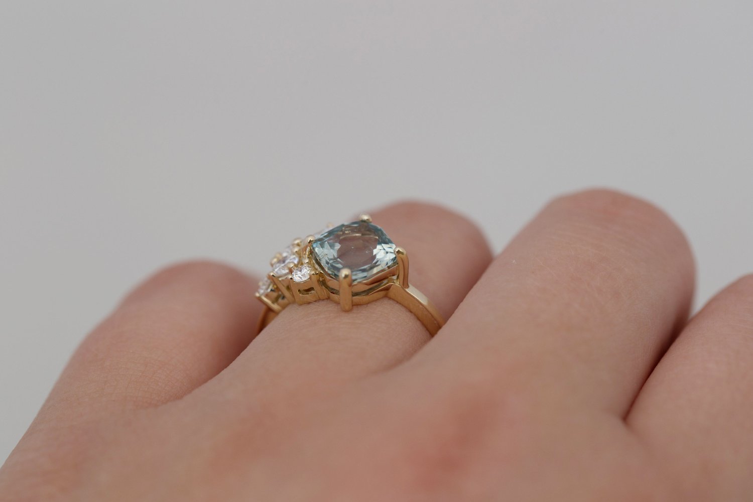 Indra Ring | Grey Green Hexagonal Sapphire + Diamond Cluster Engagement Ring 2.18 ct | 14k Recycled Gold | One of a Kind