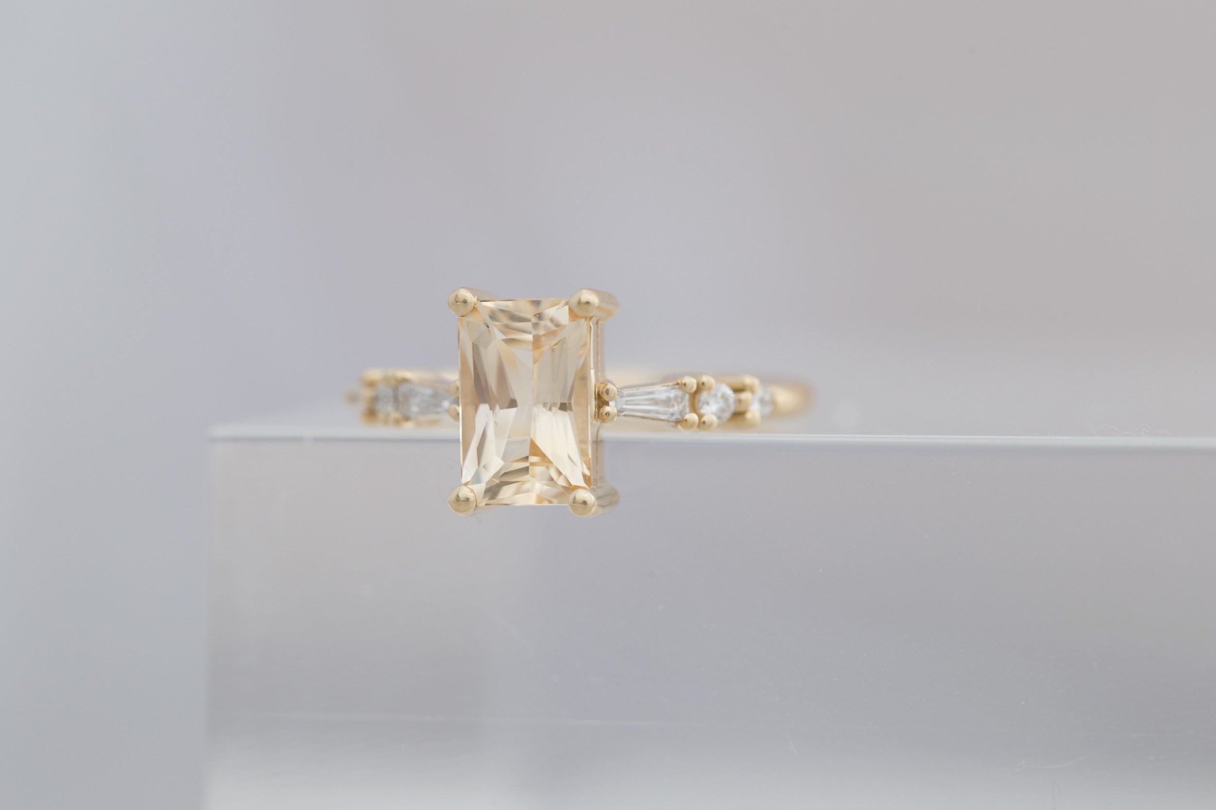 Liesel Ring | Apricot Radiant Cut Sapphire + Diamond Baguette Accent Engagement Ring 2.20 ct | 14k Recycled Gold | One of a Kind