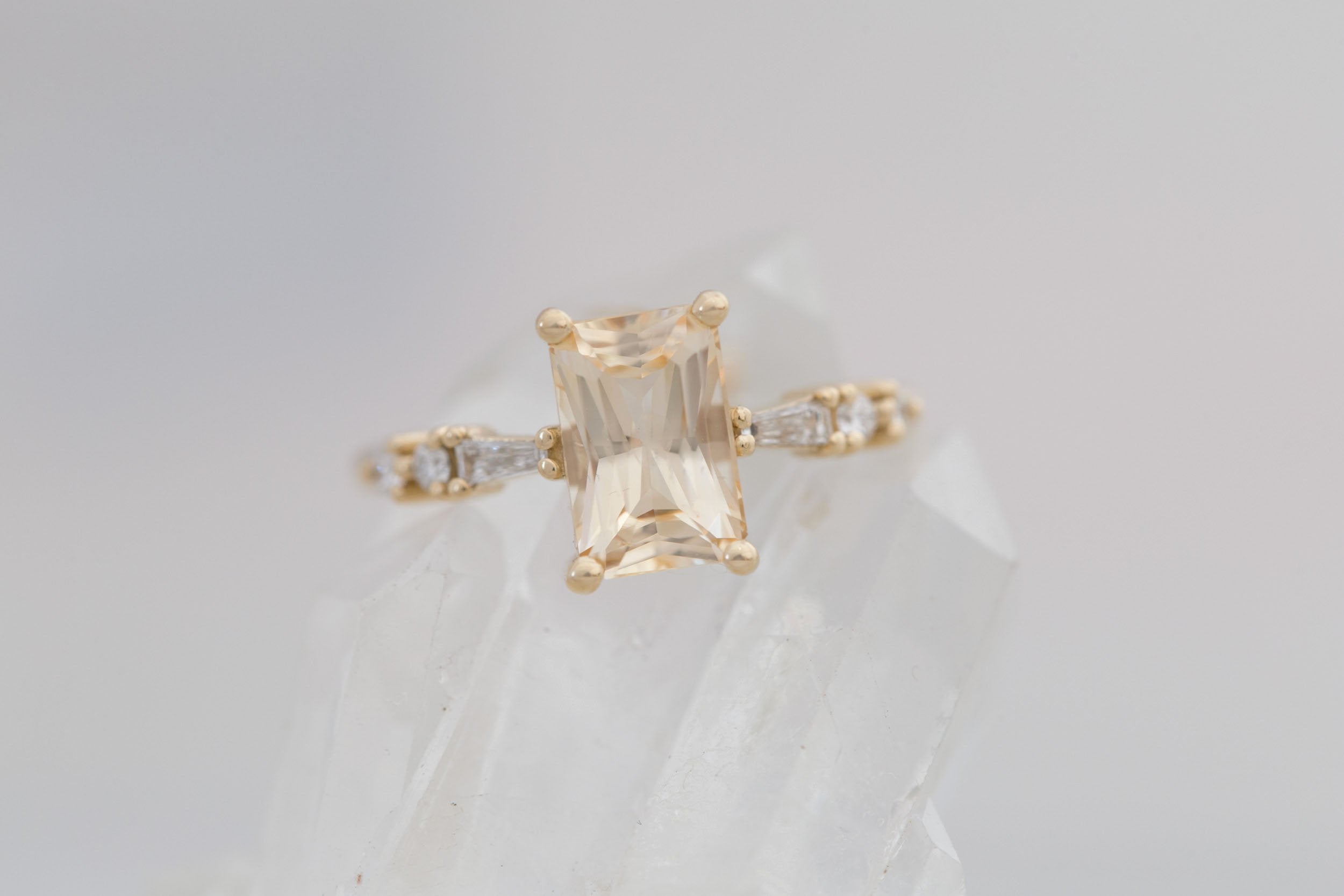 Liesel Ring | Apricot Radiant Cut Sapphire + Diamond Baguette Accent Engagement Ring 2.20 ct | 14k Recycled Gold | One of a Kind