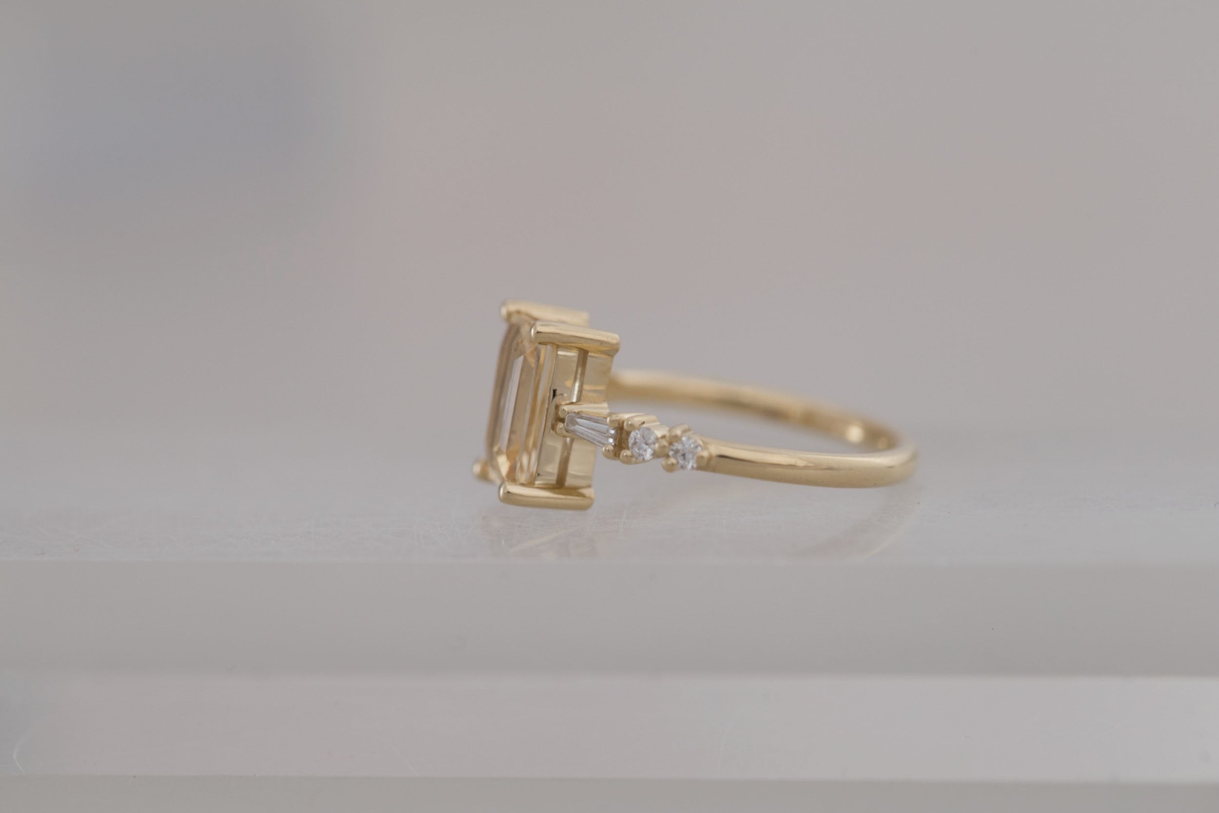 Liesel Ring | Apricot Radiant Cut Sapphire + Diamond Baguette Accent Engagement Ring 2.20 ct | 14k Recycled Gold | One of a Kind